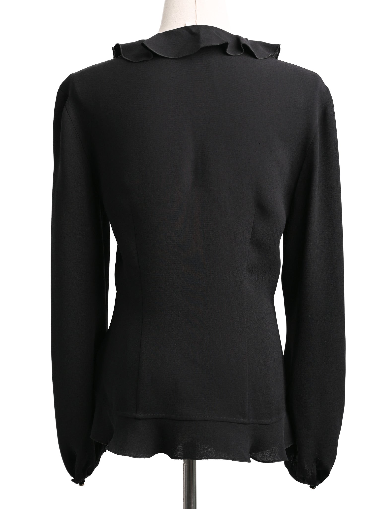 Excellent Escada Black Silk Blouse XXS with Ruffled Detail