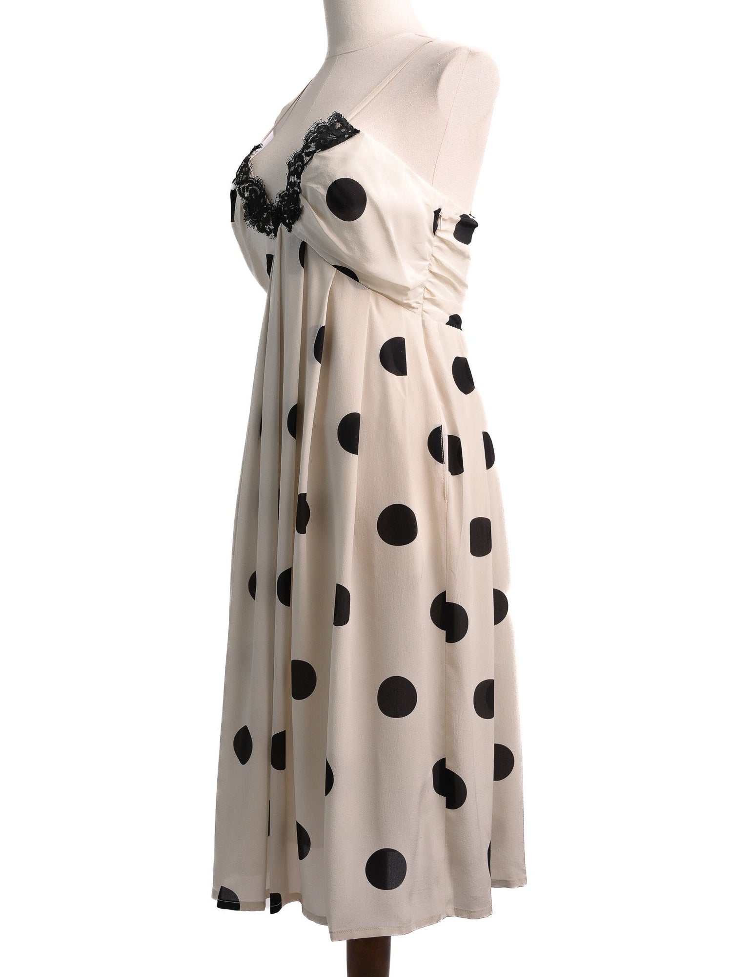 NEW Clips White Polka Dot Silk Dress with Black Lace Size M