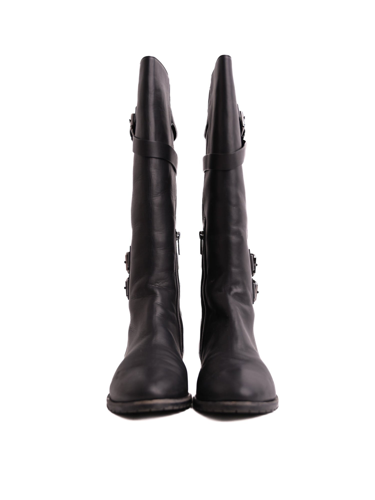 Excellent Lesilla Black Leather Knee-High Boots Size 38 with Buckles
