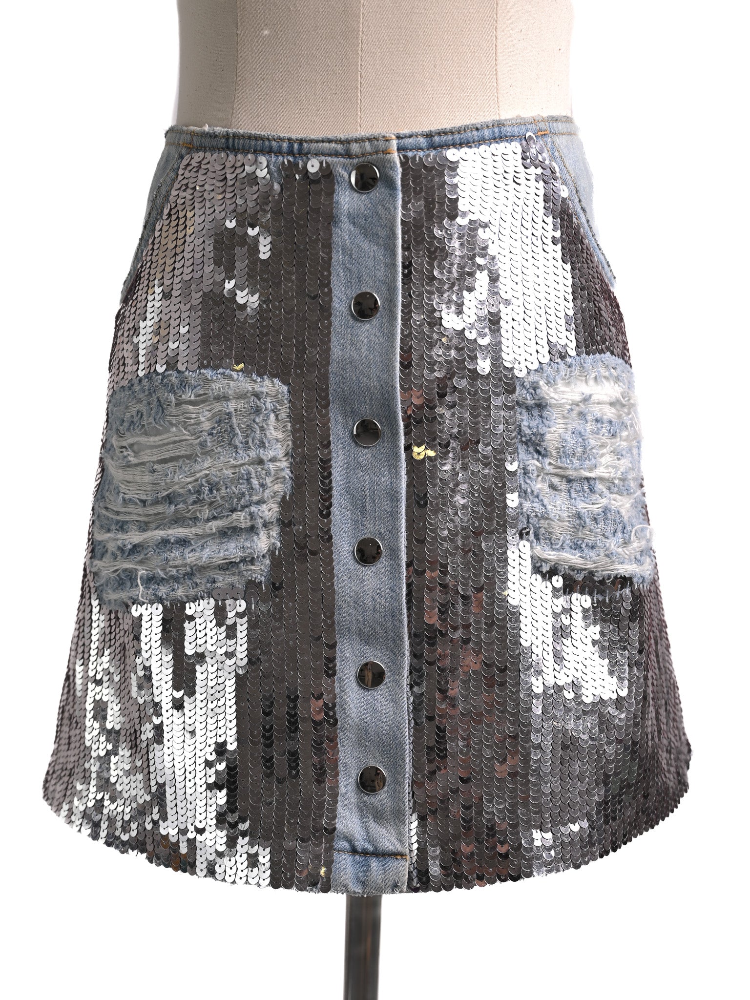 Excellent Au Jour Le Jour Blue Denim Skirt with Sequins Size S