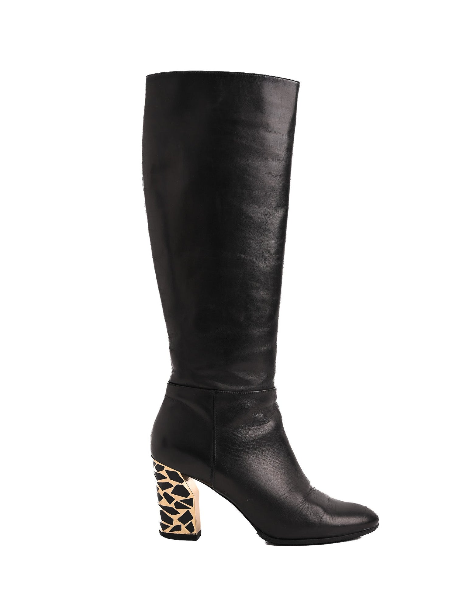 Casadei Black Leather Knee-High Boots with Patterned Heel Size 36