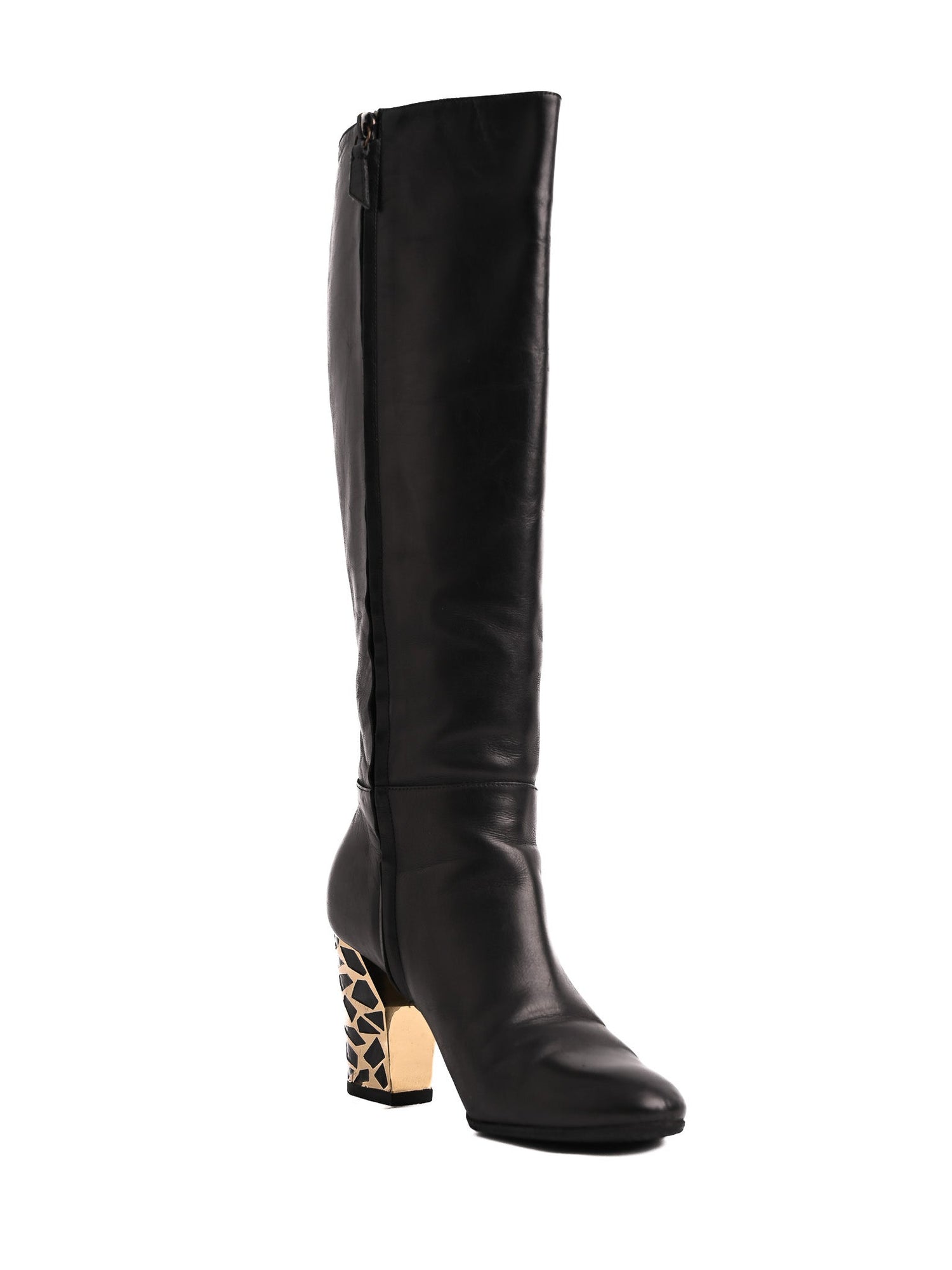 Casadei Black Leather Knee-High Boots with Patterned Heel Size 36