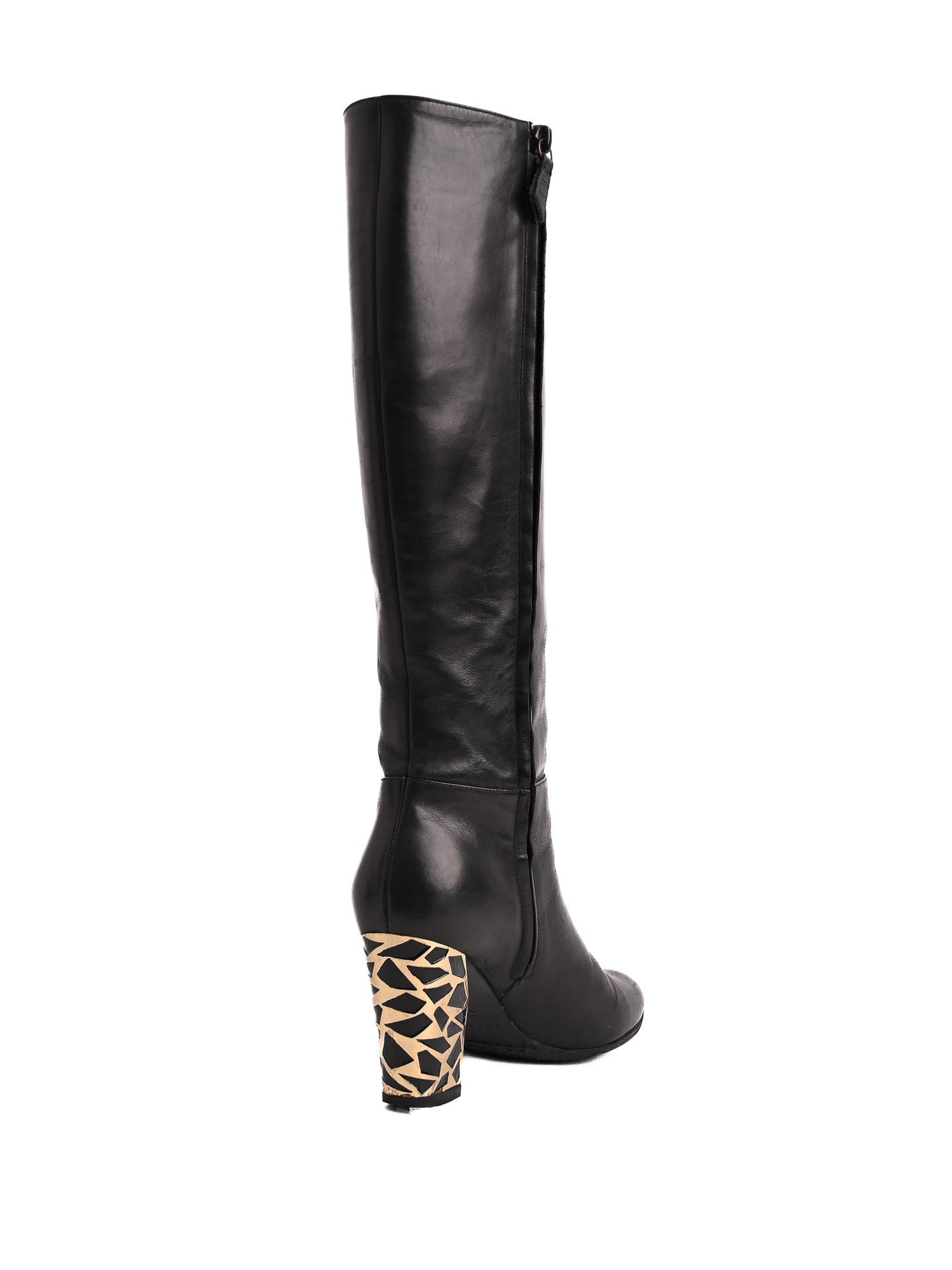 Casadei Black Leather Knee-High Boots with Patterned Heel Size 36