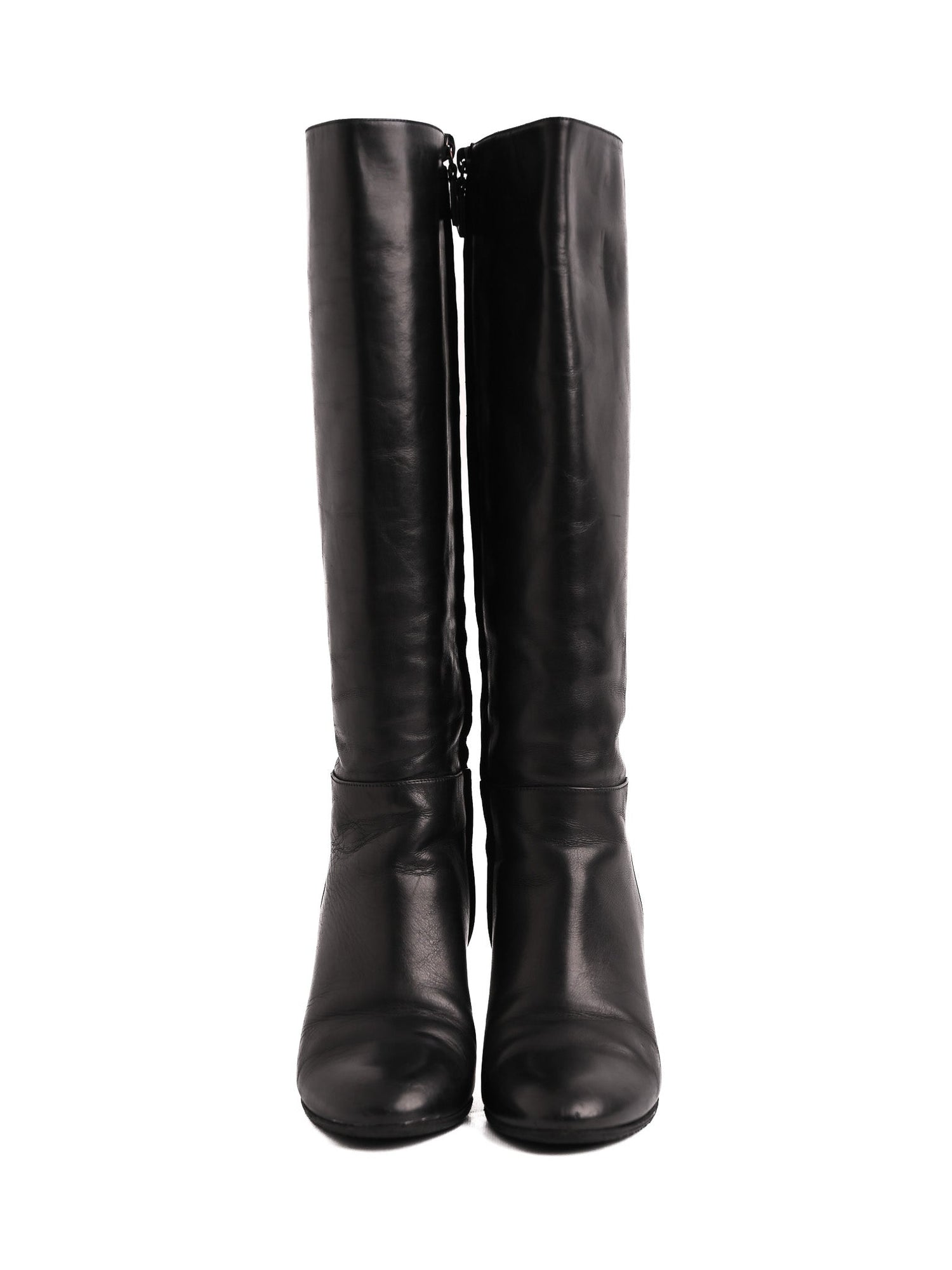 Casadei Black Leather Knee-High Boots with Patterned Heel Size 36