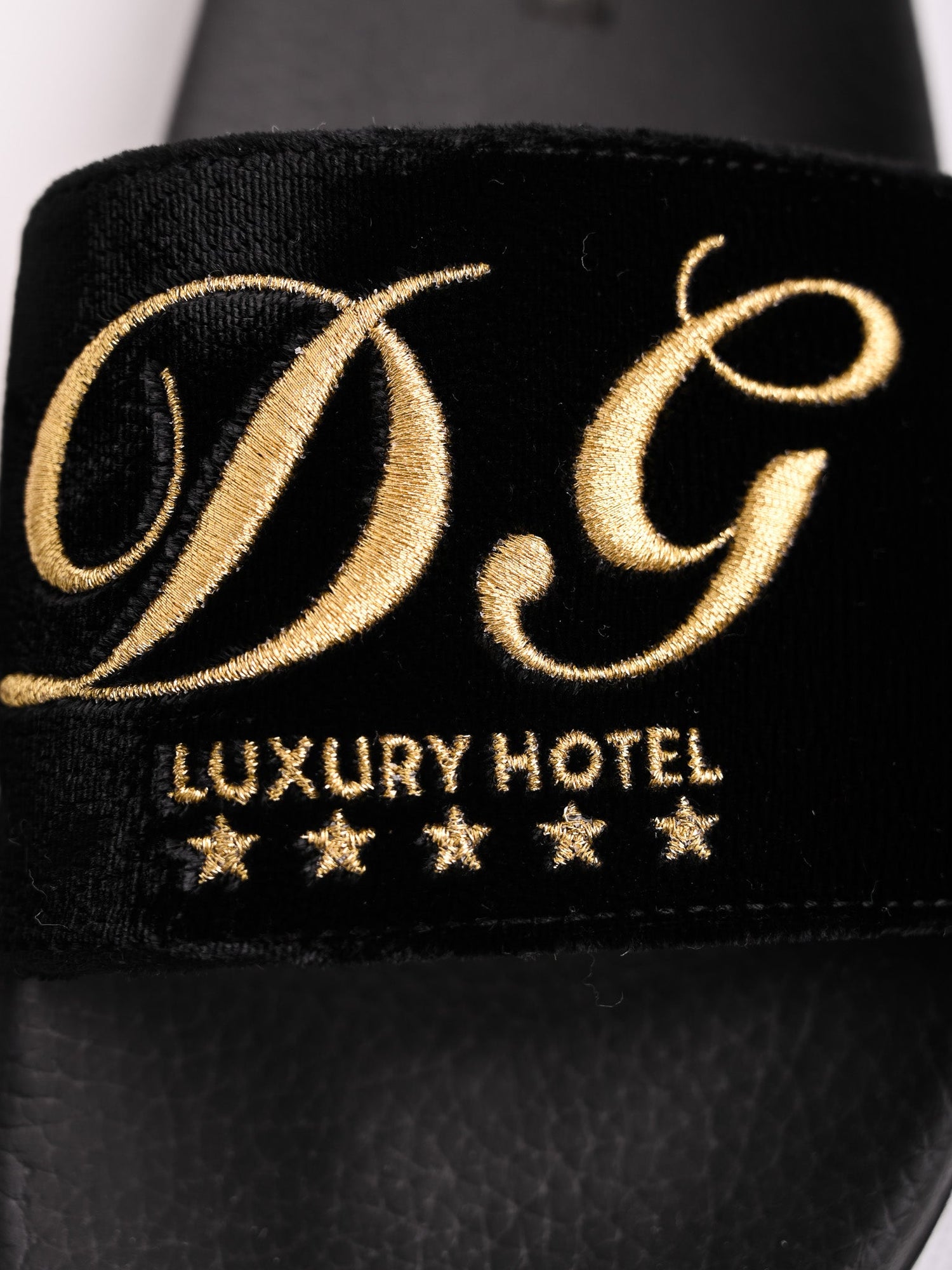 Perfect Dolce Gabbana Black Slides Size 39 with Gold D.G Logo