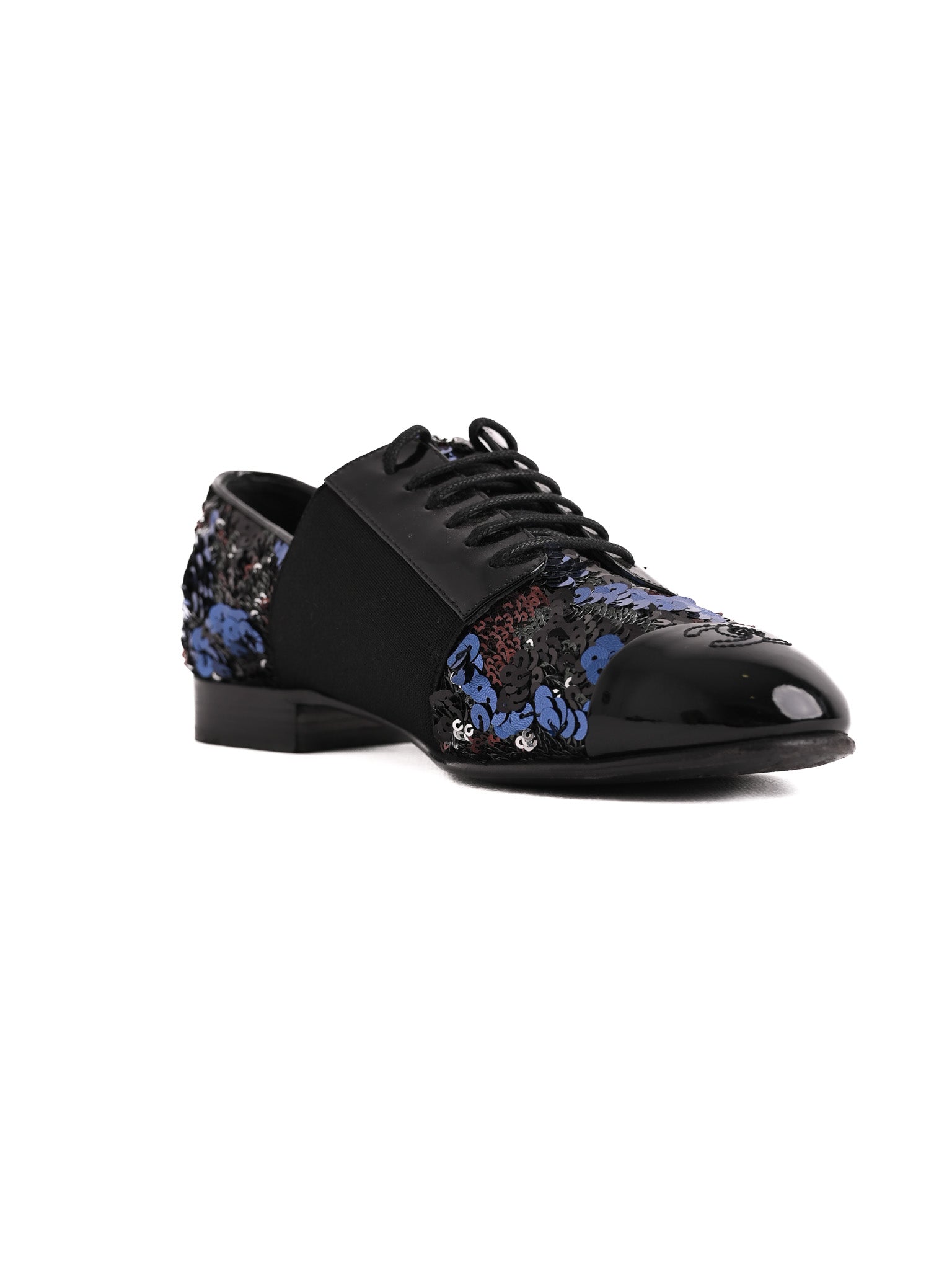Chanel Formal Shoes Black Leather 38.5 with Sequins