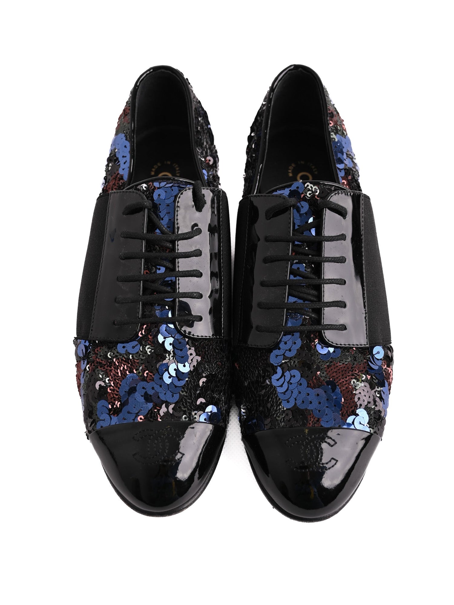 Chanel Formal Shoes Black Leather 38.5 with Sequins