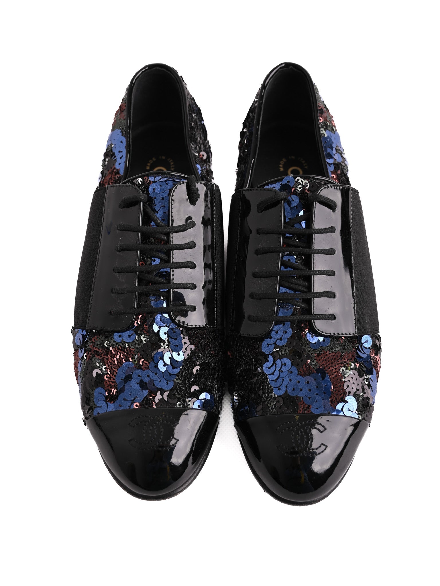 Chanel Formal Shoes Black Leather 38.5 with Sequins