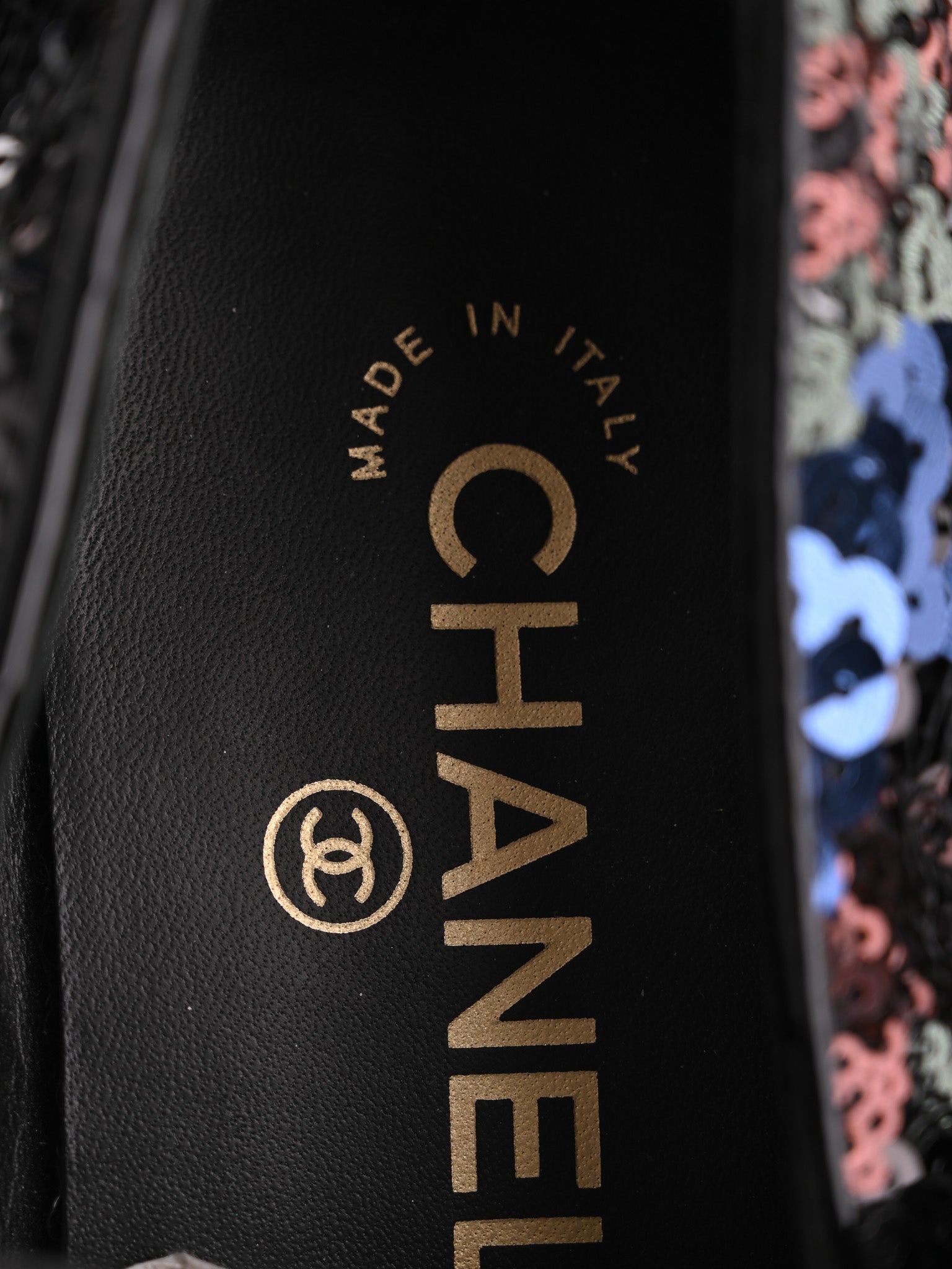 Chanel Formal Shoes Black Leather 38.5 with Sequins