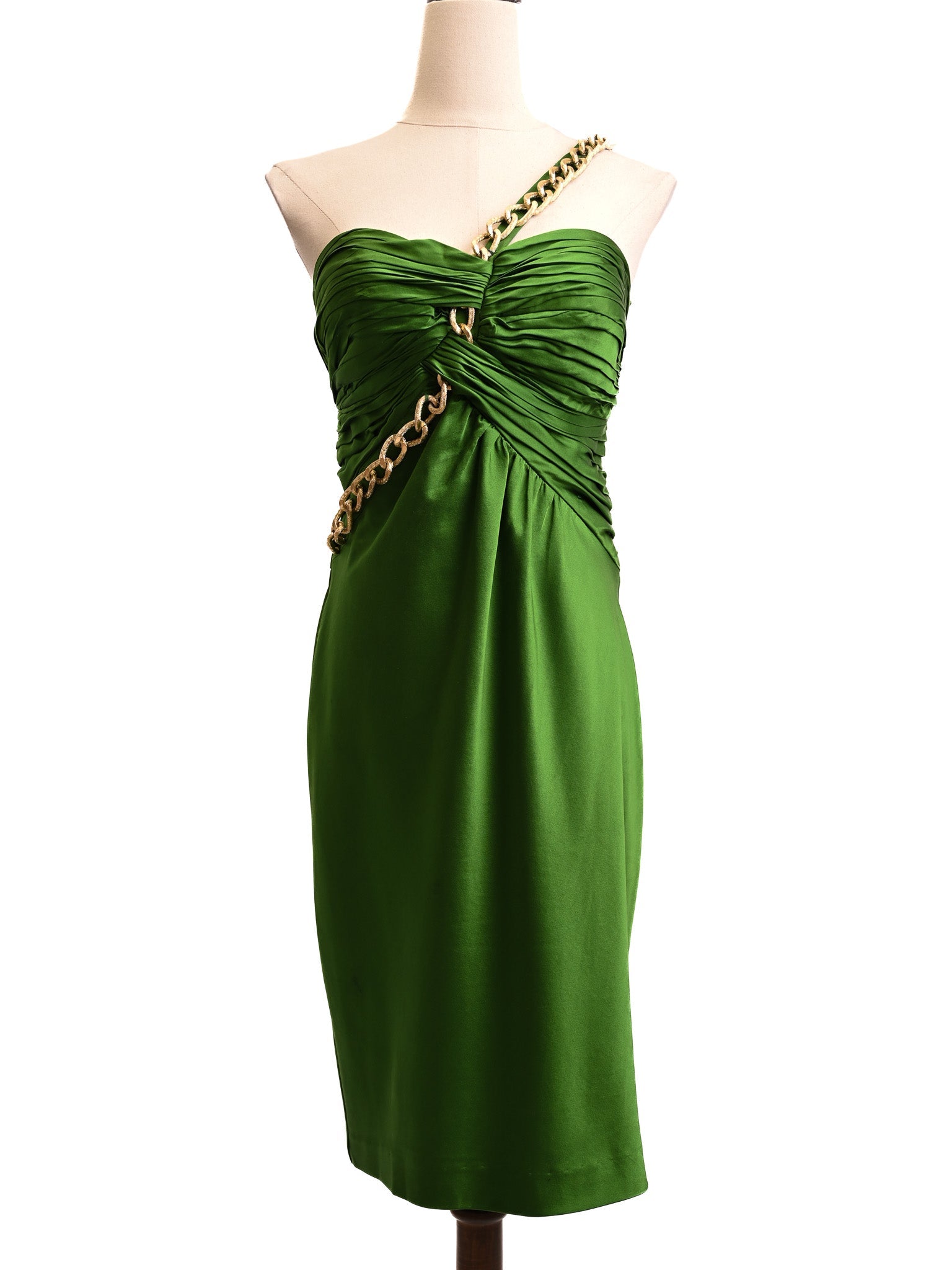 Dina Bar-EL Green Satin Dress Size S with Gold Chain Strap