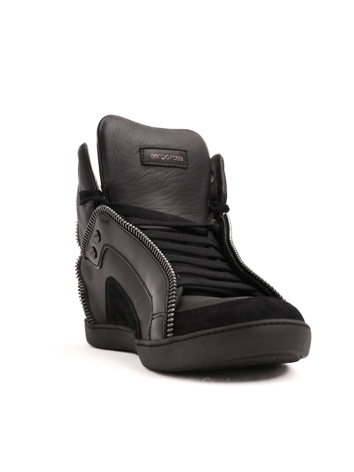 Excellent Sergio Rossi Black Leather High-Top Sneakers Size 37