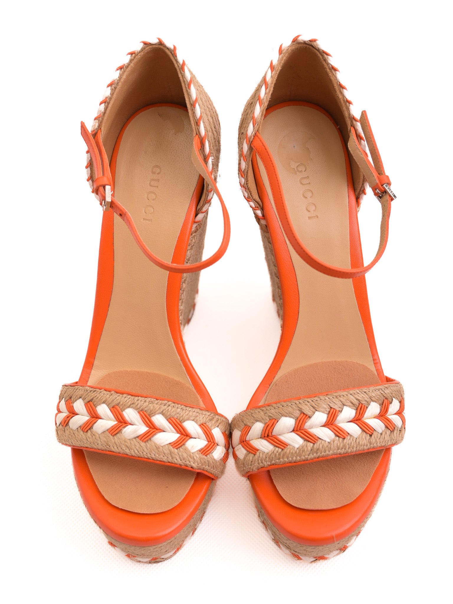 Good Gucci Wedge Sandals Size 38 Textile Orange White Accents