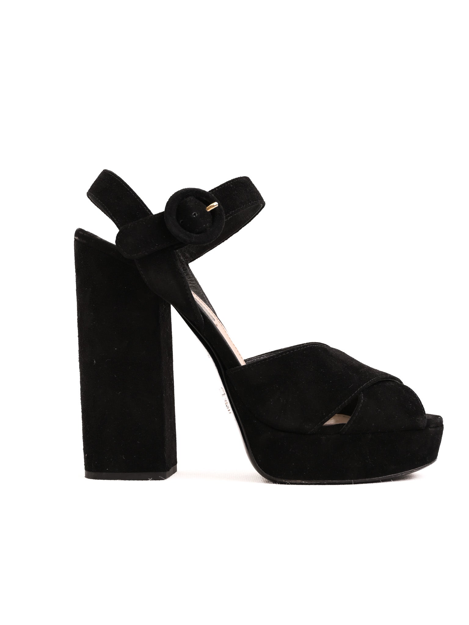 Good Condition Prada Black Suede High-Heeled Platform Sandals Size 38