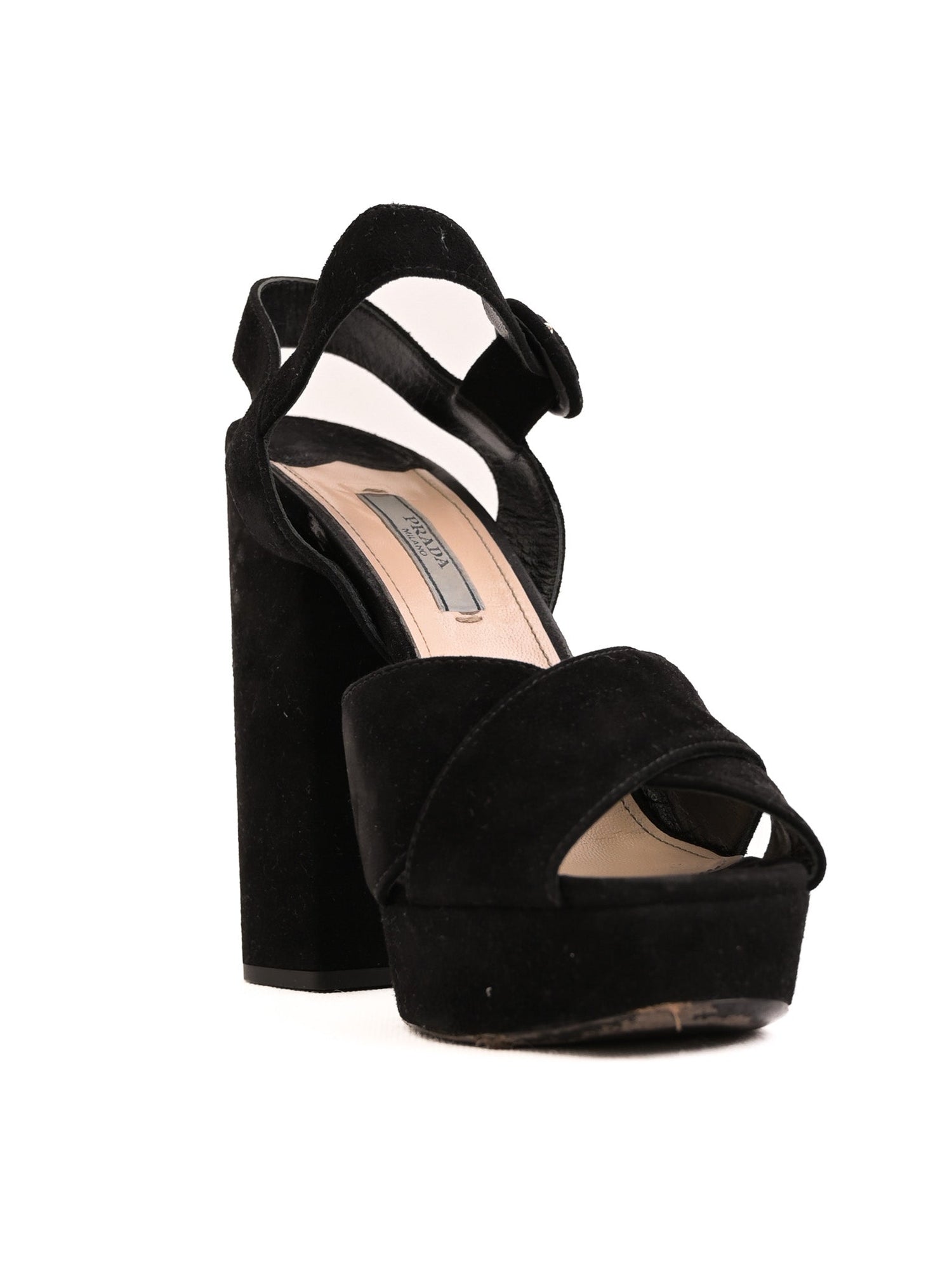 Good Condition Prada Black Suede High-Heeled Platform Sandals Size 38
