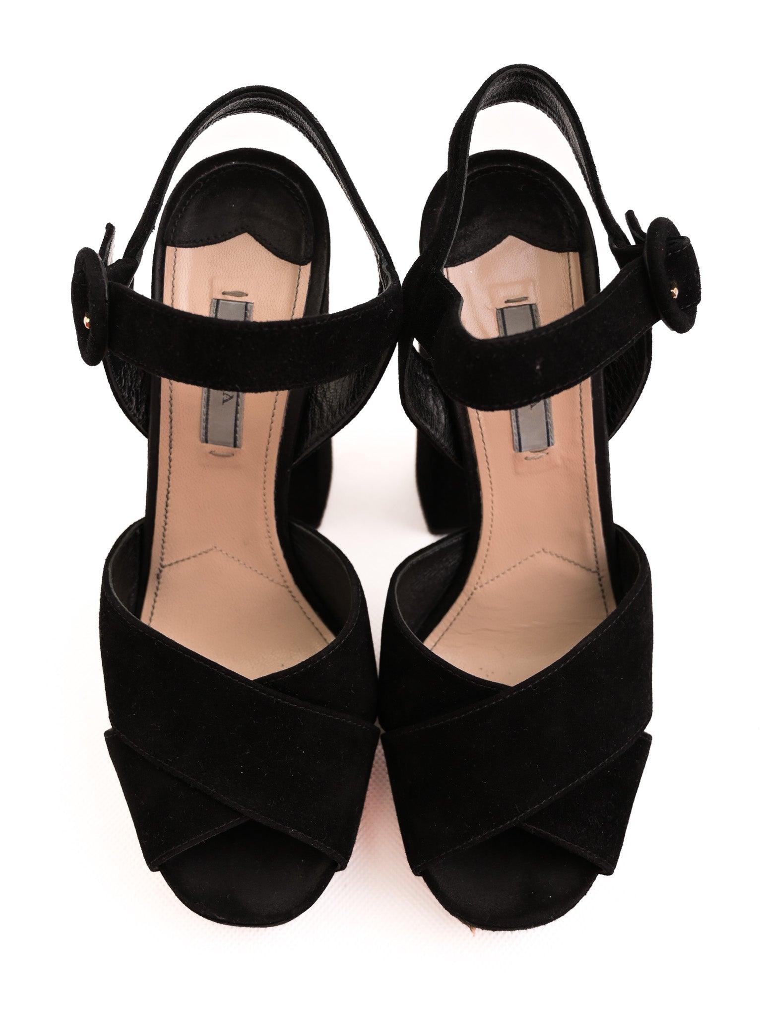 Good Condition Prada Black Suede High-Heeled Platform Sandals Size 38