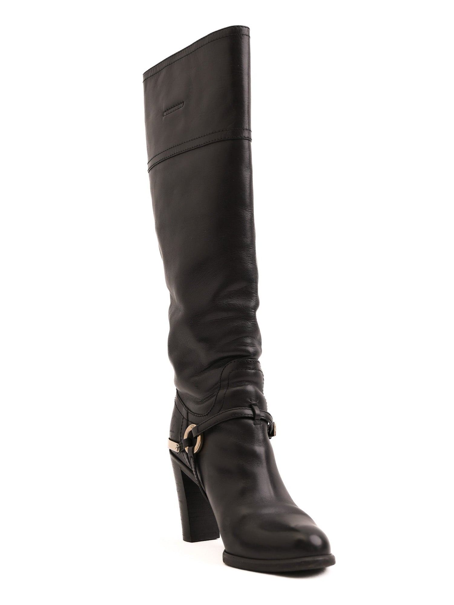 Good Dior Black Leather Knee-High Boots with Gold Accents