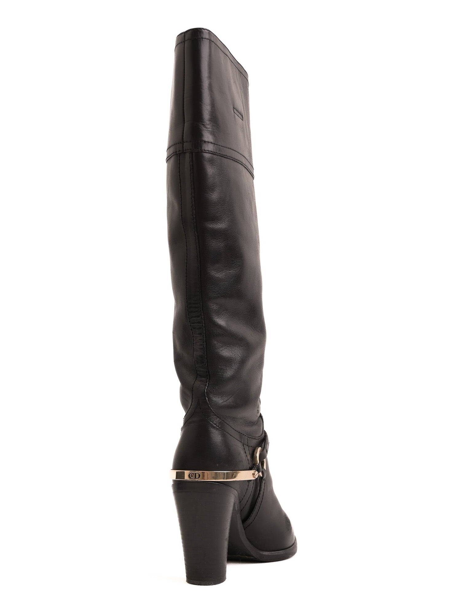 Good Dior Black Leather Knee-High Boots with Gold Accents