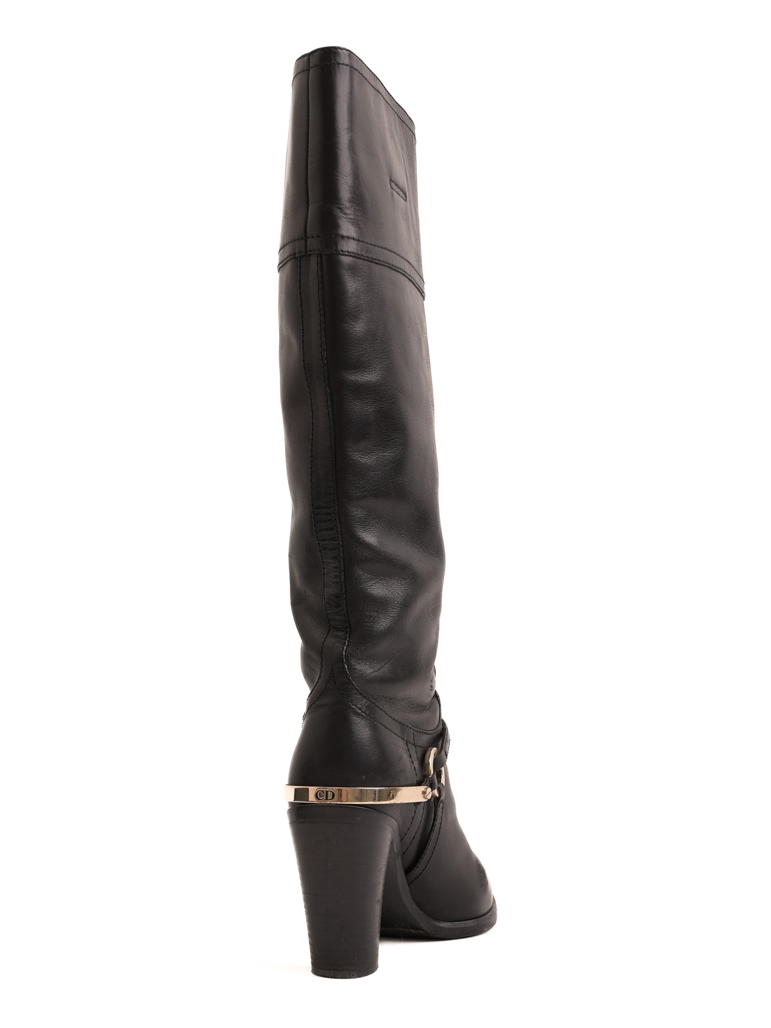Good Dior Black Leather Knee-High Boots with Gold Accents
