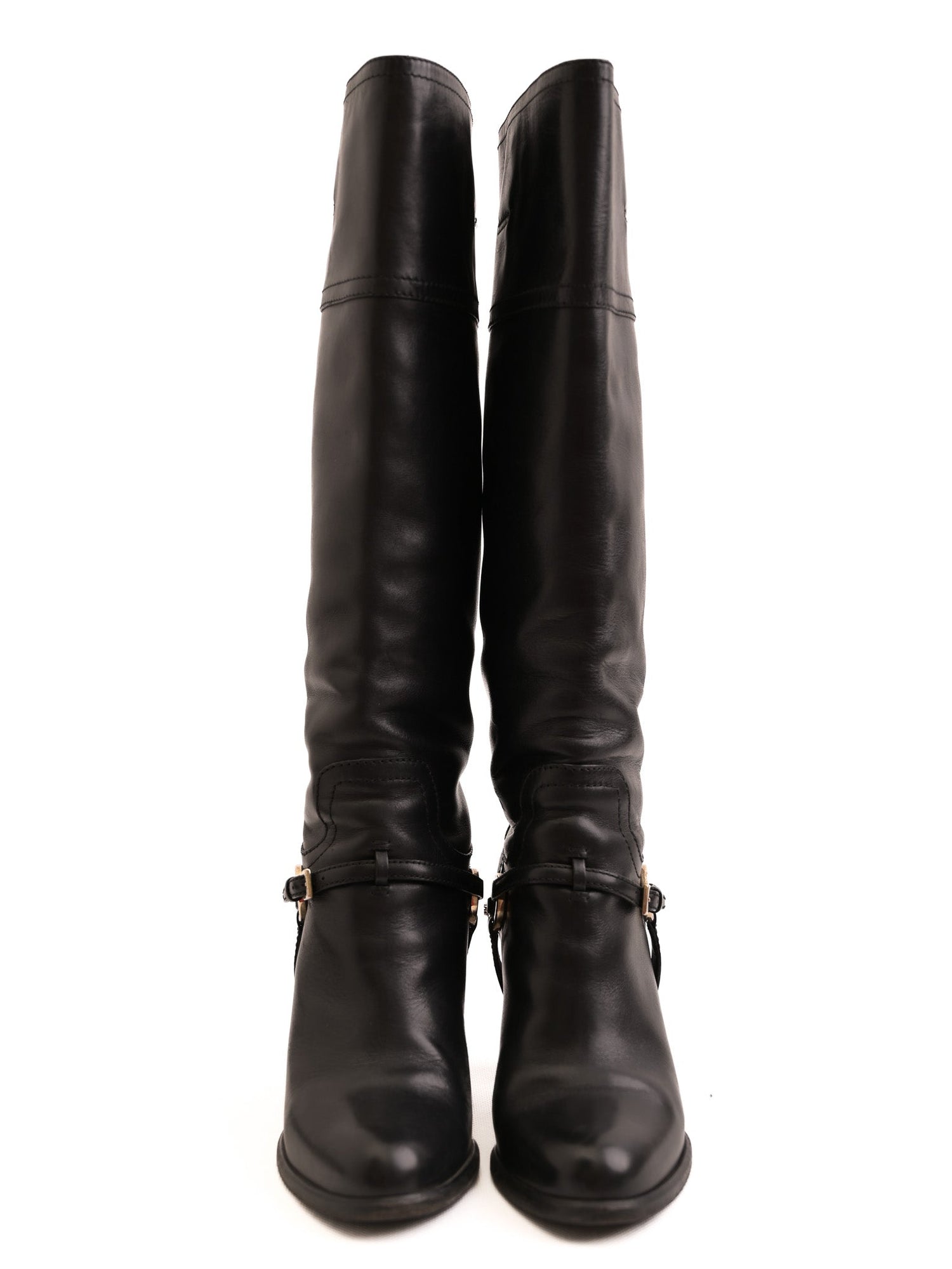Good Dior Black Leather Knee-High Boots with Gold Accents