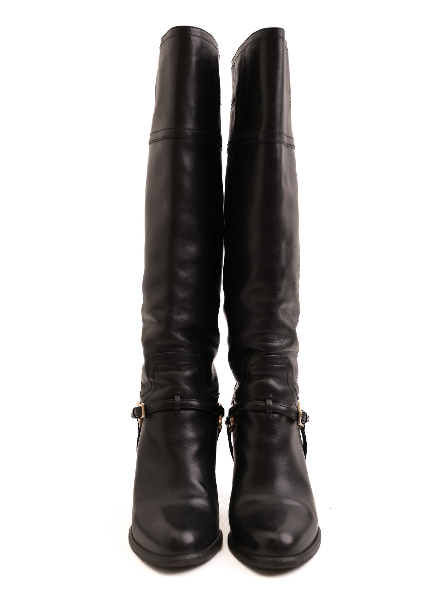 Good Dior Black Leather Knee-High Boots with Gold Accents
