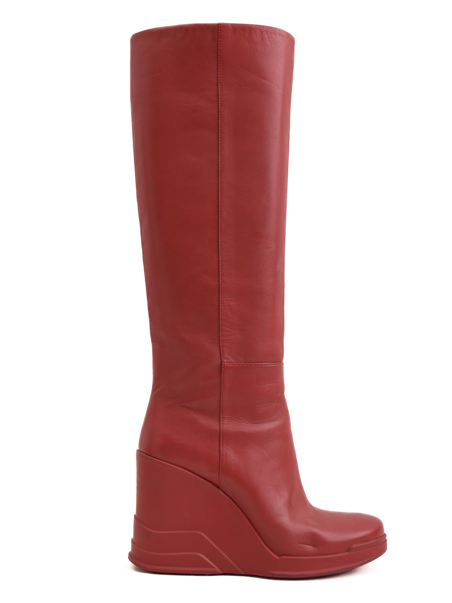 Excellent Prada Red Leather Wedge-Heeled Knee-High Boots Size 37.5