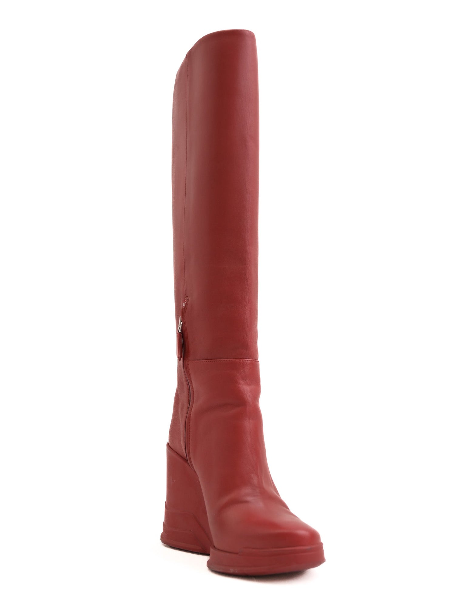 Excellent Prada Red Leather Wedge-Heeled Knee-High Boots Size 37.5