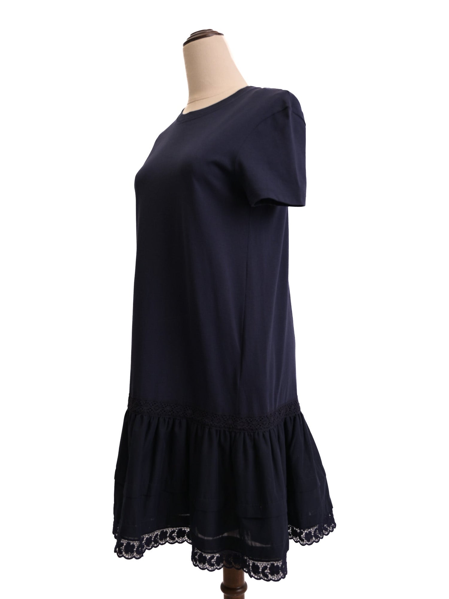NEW Valentino Navy Blue Cotton Dress XS with Lacy Hem