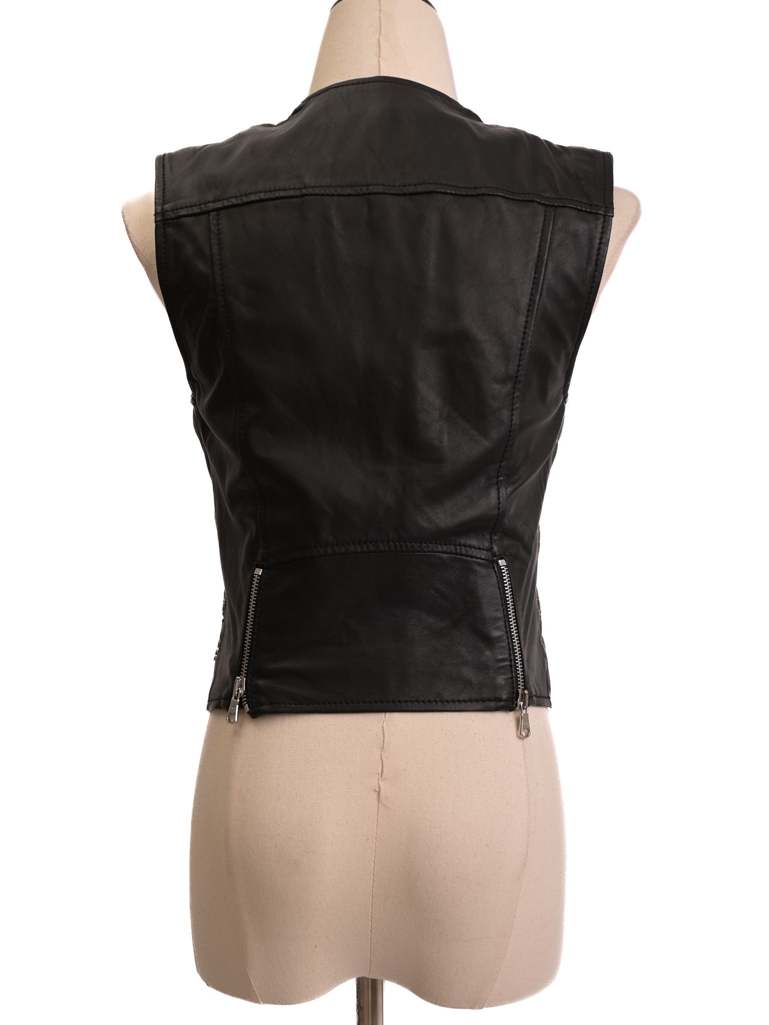 Excellent Balmain Black Leather Vest XS with Zipper Details