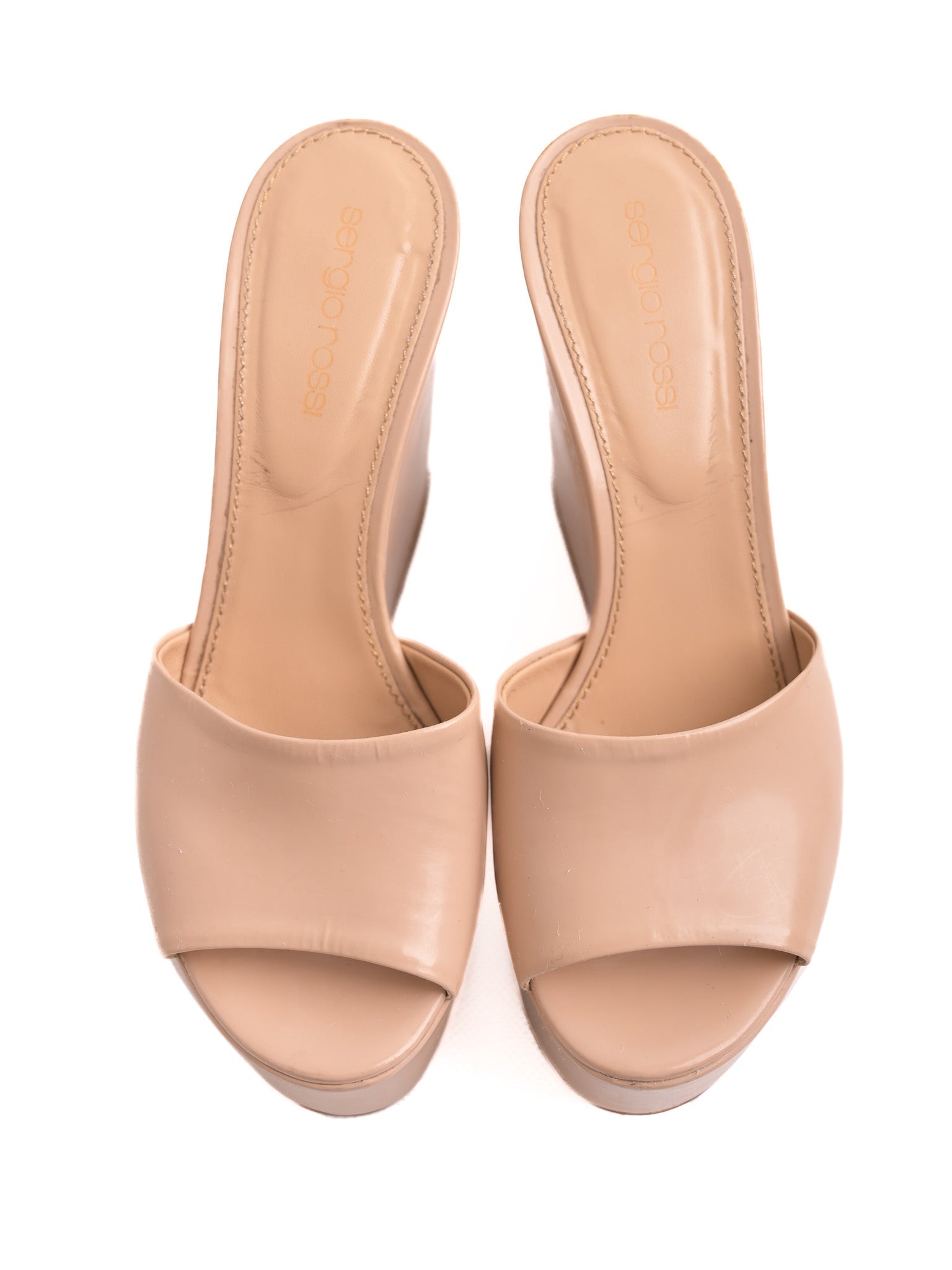 Sergio Rossi White Lacquer Wedge Platform Mules - Good Condition