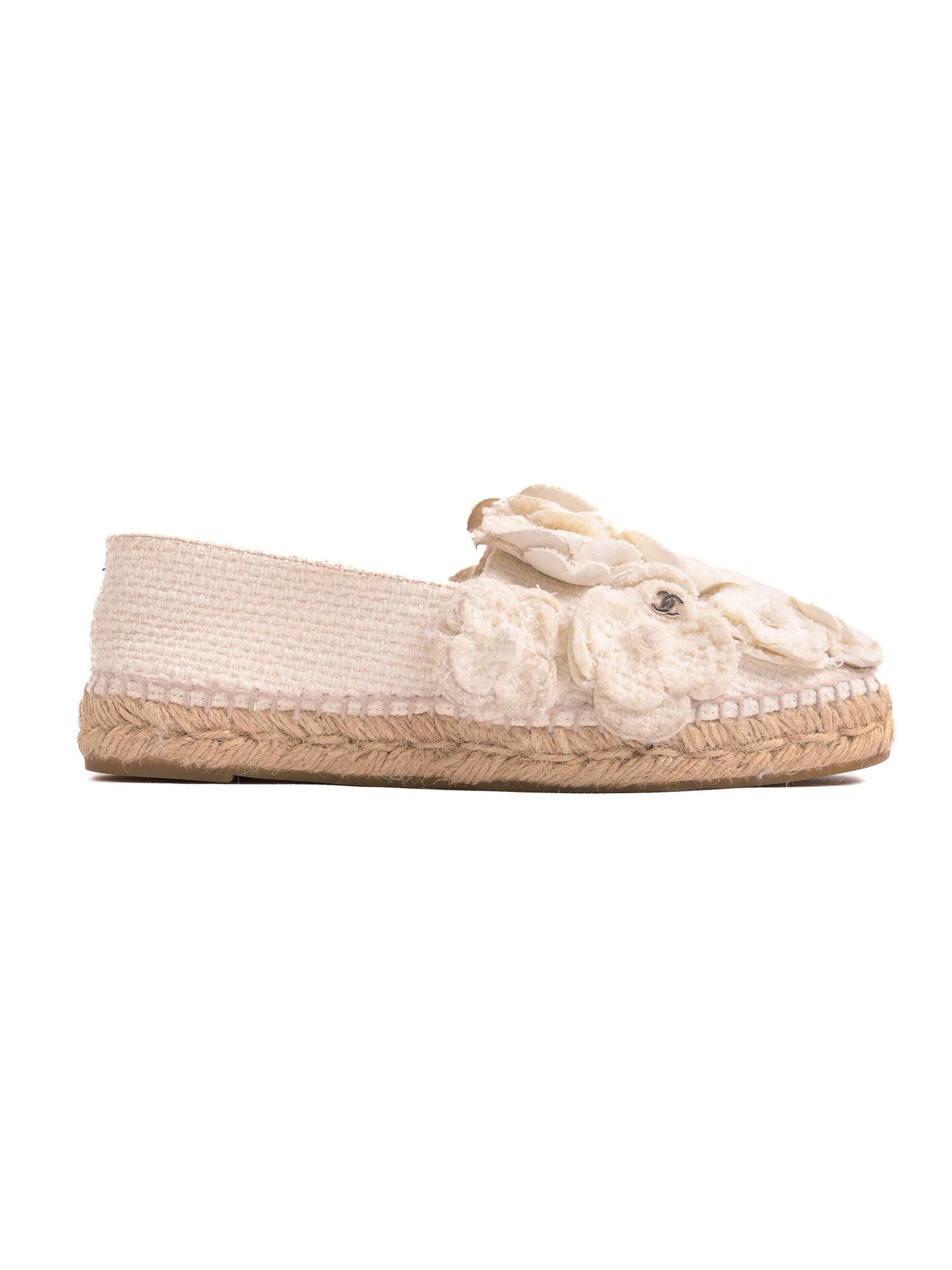 Average Condition Chanel White Espadrille Shoes with Floral Accents