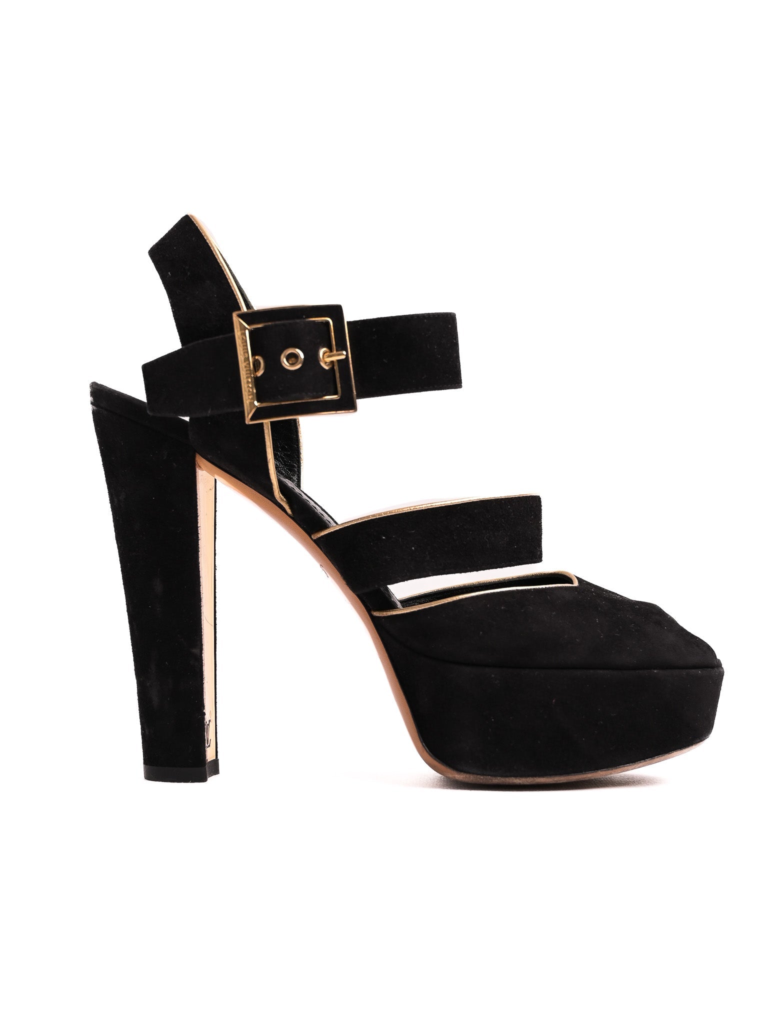 Good Condition Louis Vuitton Black Suede High-Heeled Sandals Size 38.5