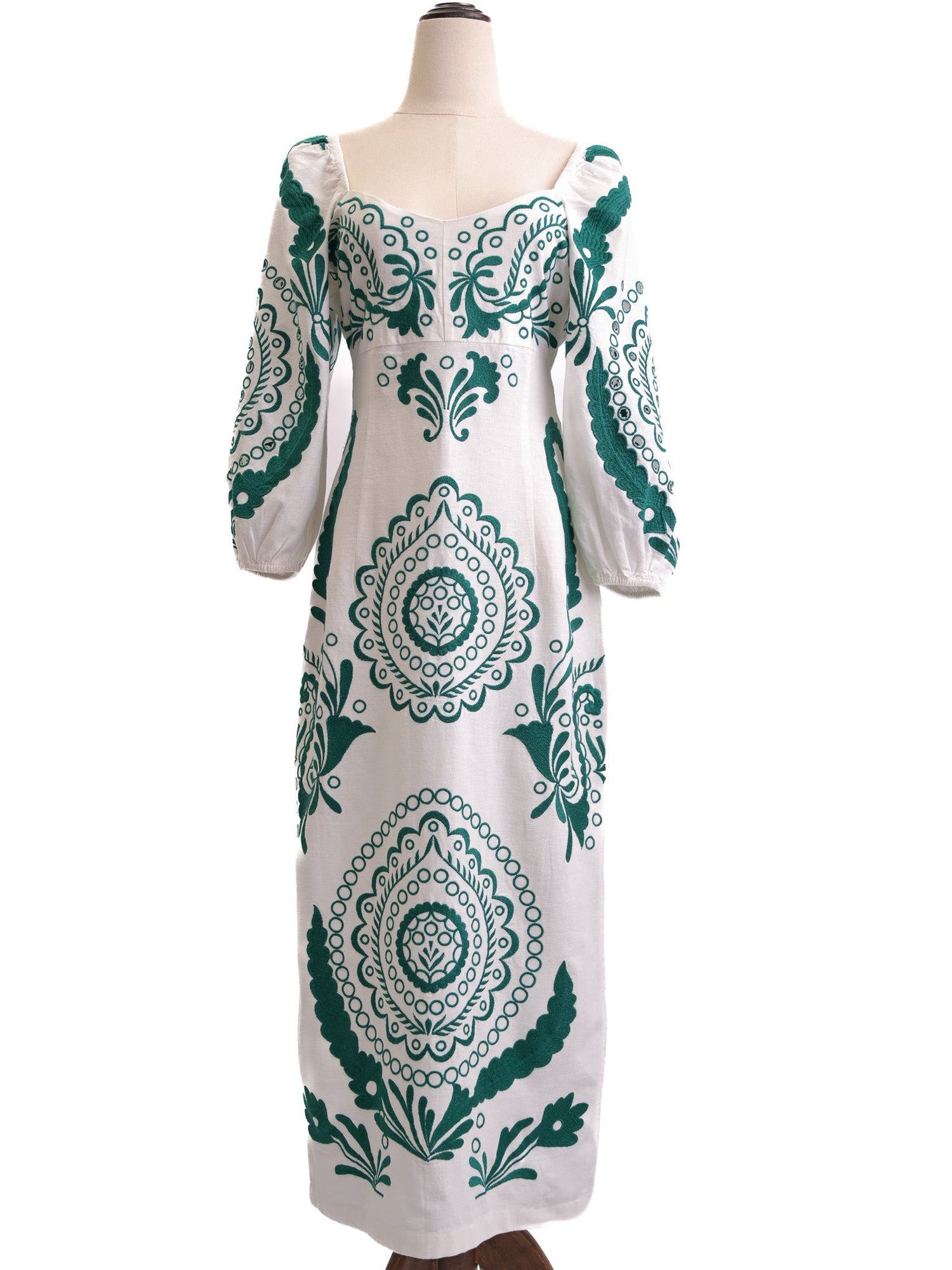 NEW Uterque Long White Dress Green Patterns Size S