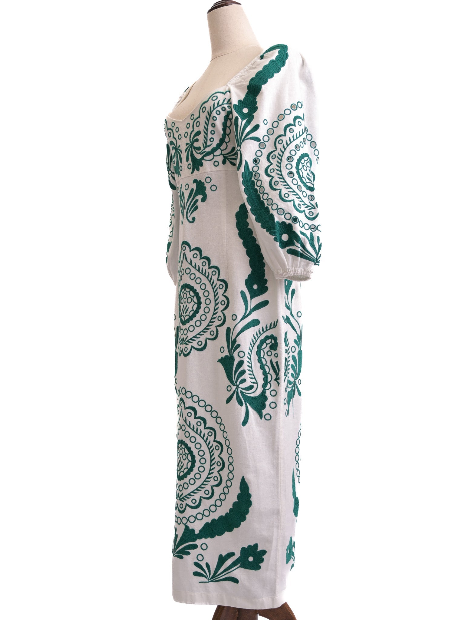 NEW Uterque Long White Dress Green Patterns Size S