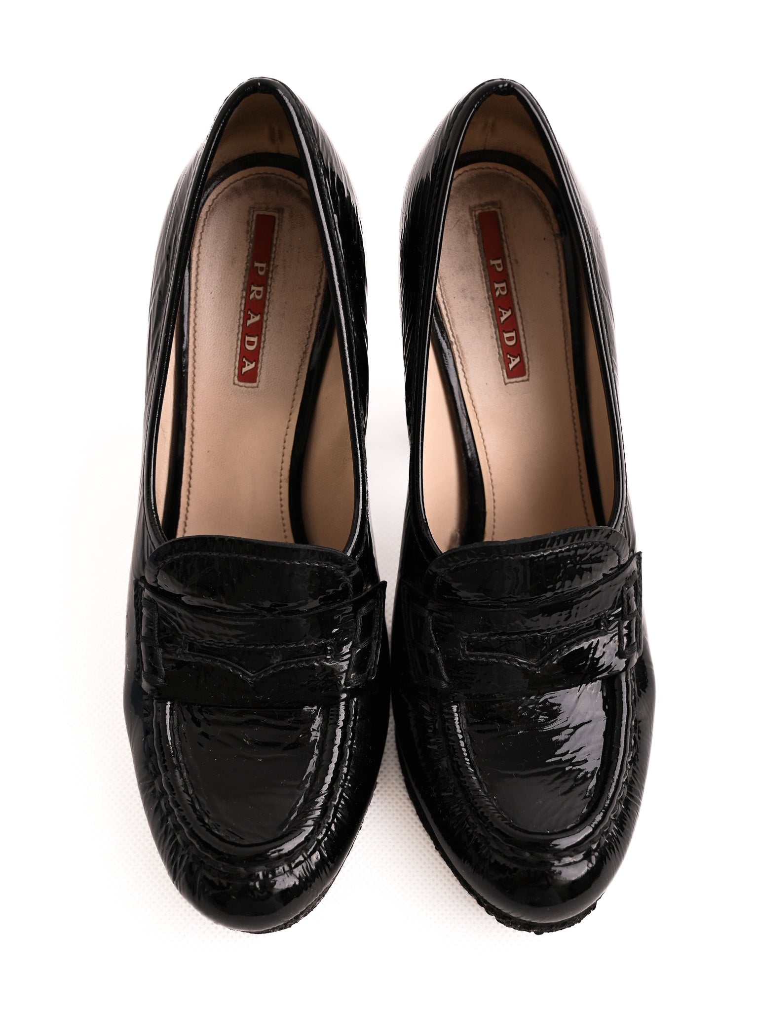 Good Prada Black Lacquer High Heel Loafer Shoes Size 35.5