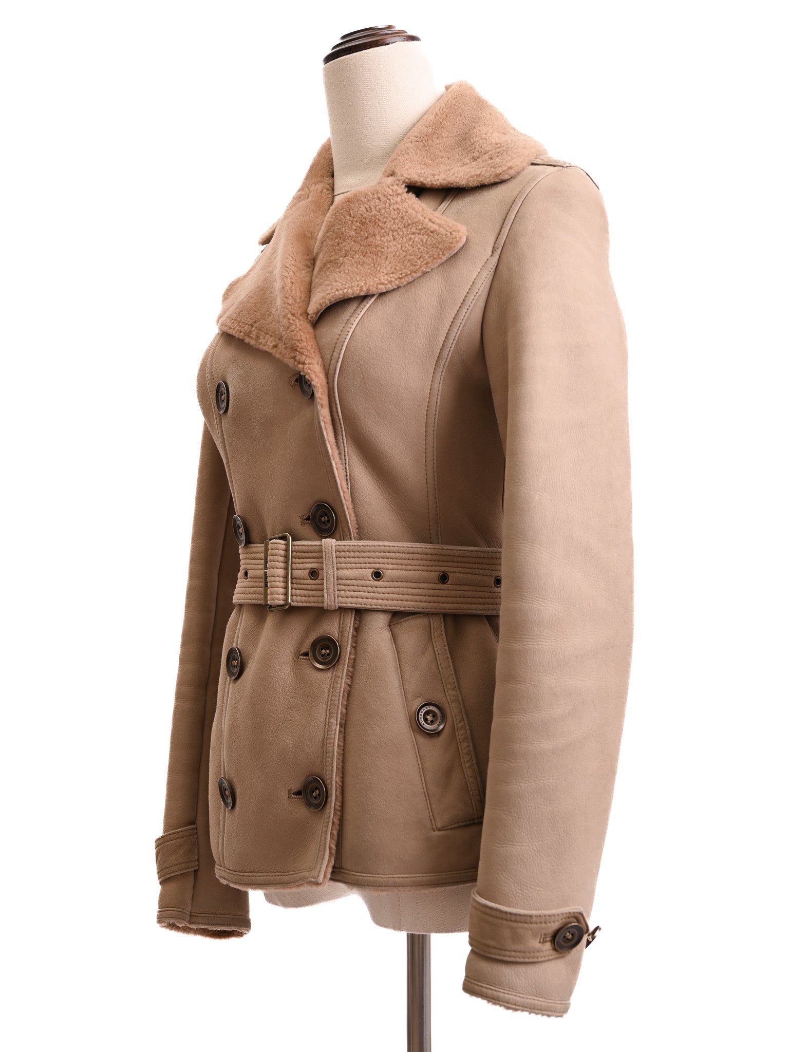Excellent Burberry Beige Double-Breasted Wool Jacket with Fur Collar