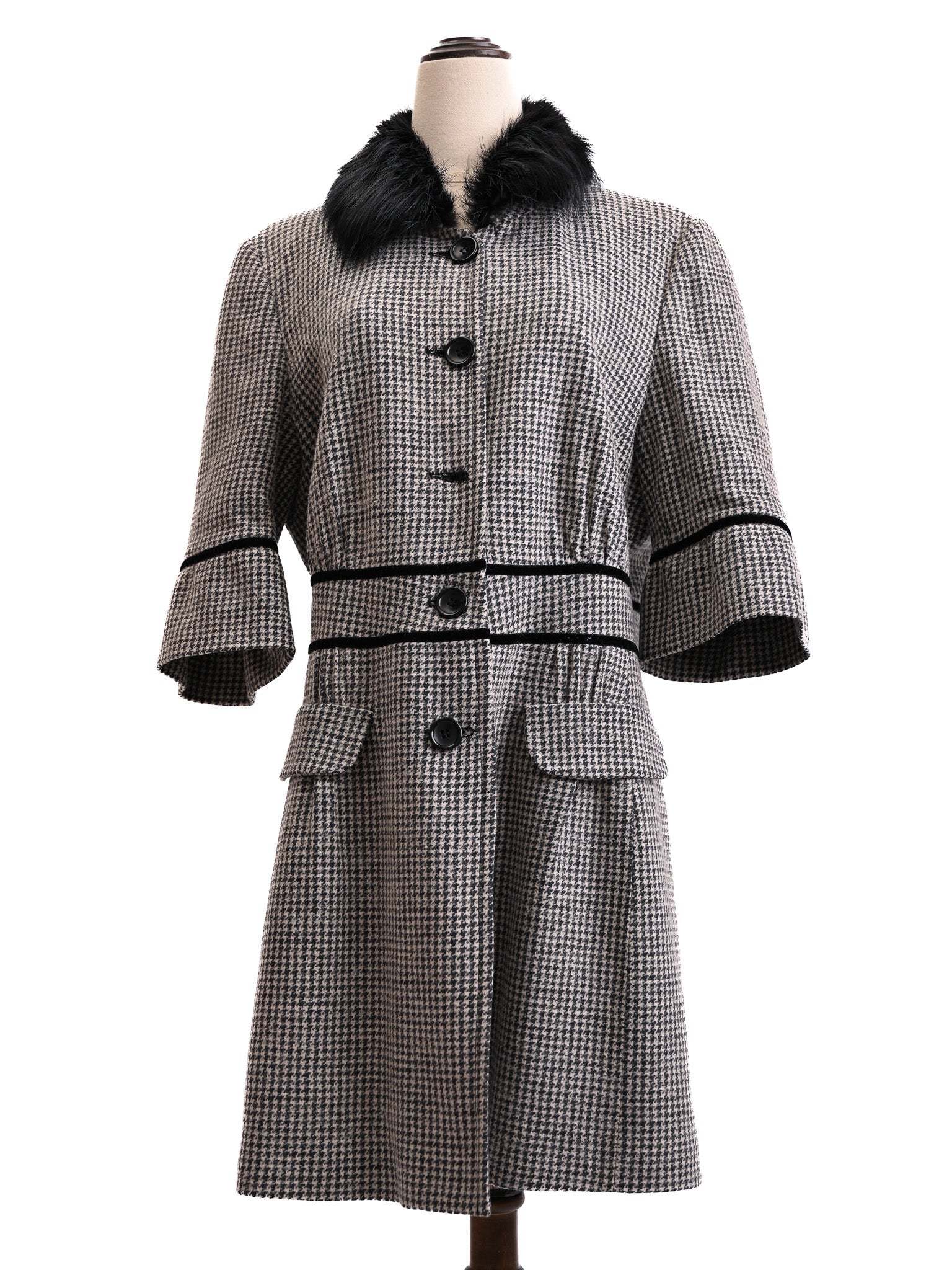 Excellent BGN First Wool Houndstooth Coat with Fur Collar Size XXL