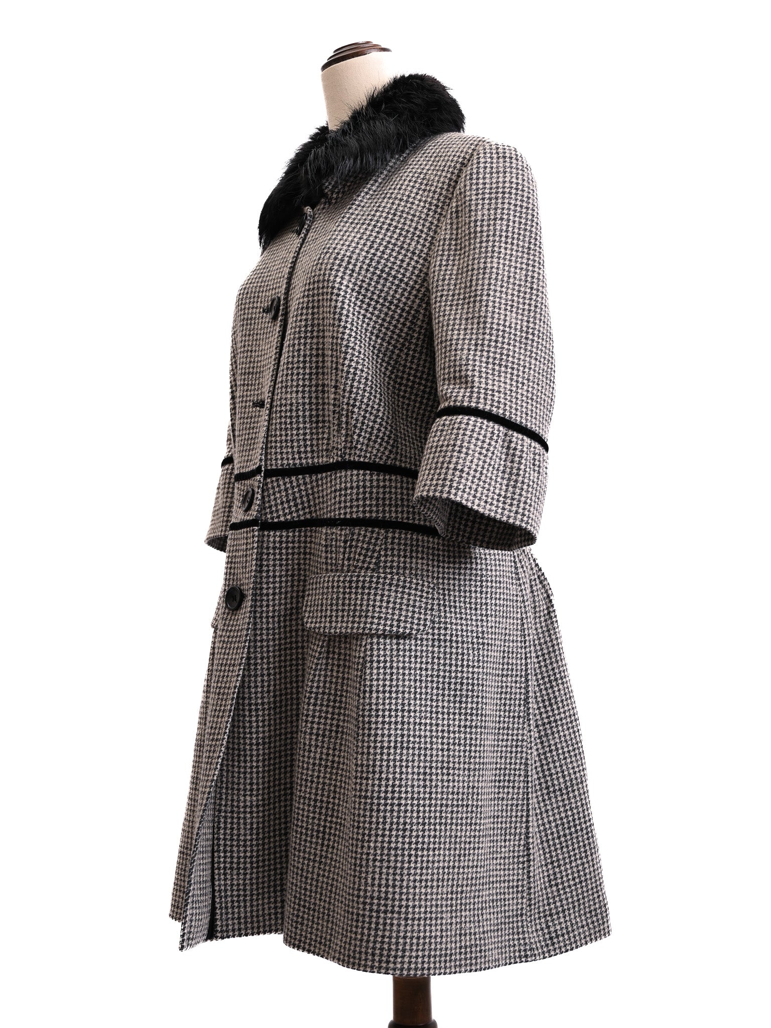 Excellent BGN First Wool Houndstooth Coat with Fur Collar Size XXL