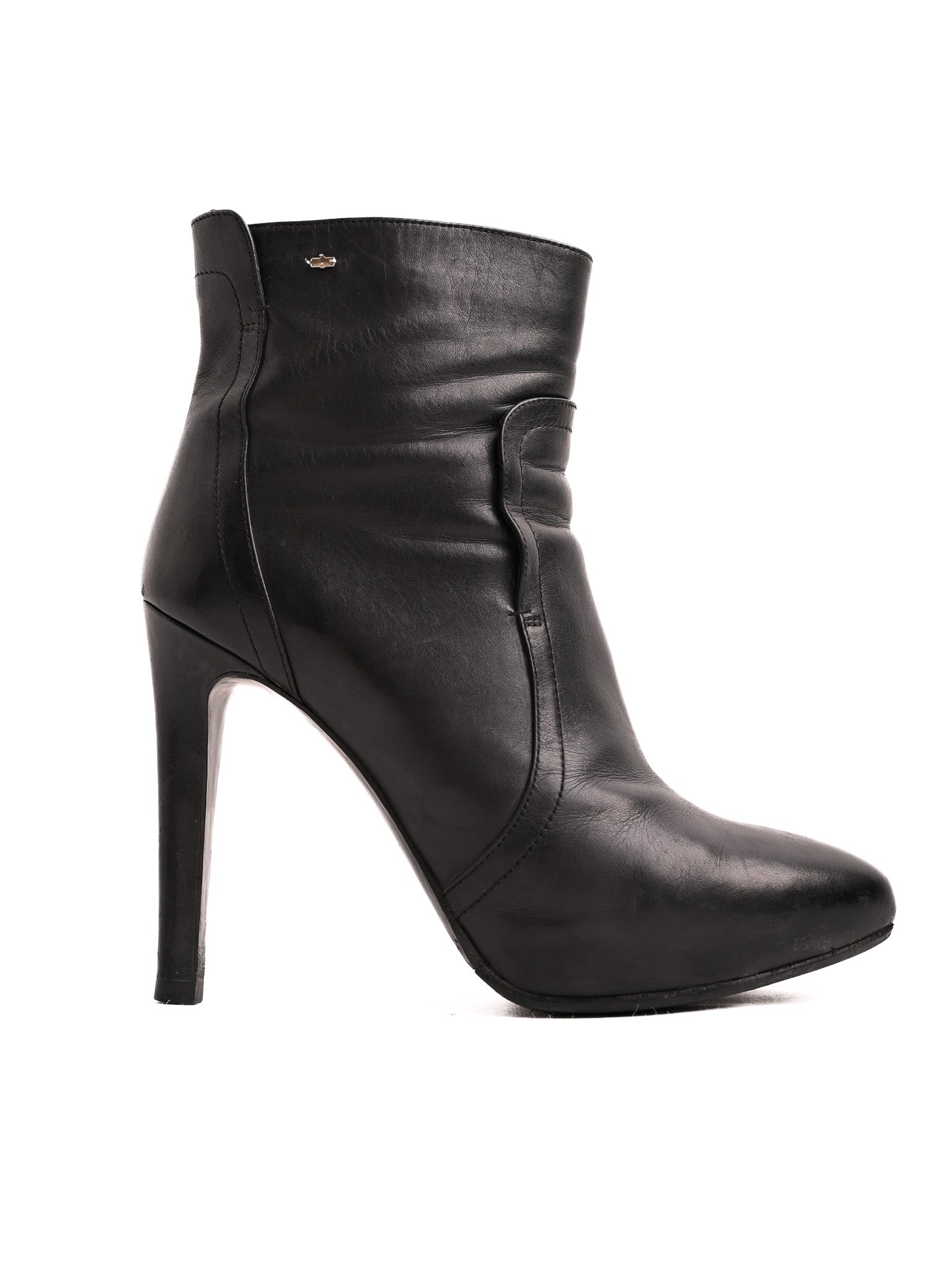Excellent Sportmax Black Leather High-Heeled Ankle Boots Size 37