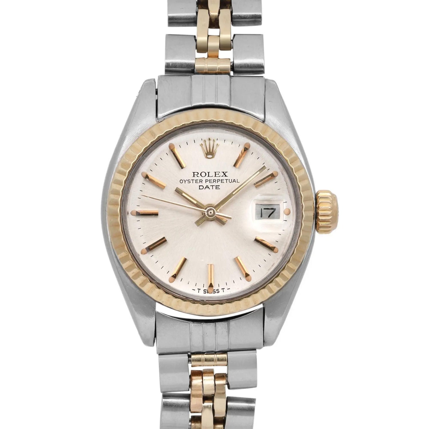 Rolex Date 14K Yellow Gold Steel Silver Dial Automatic Ladies Watch 6917