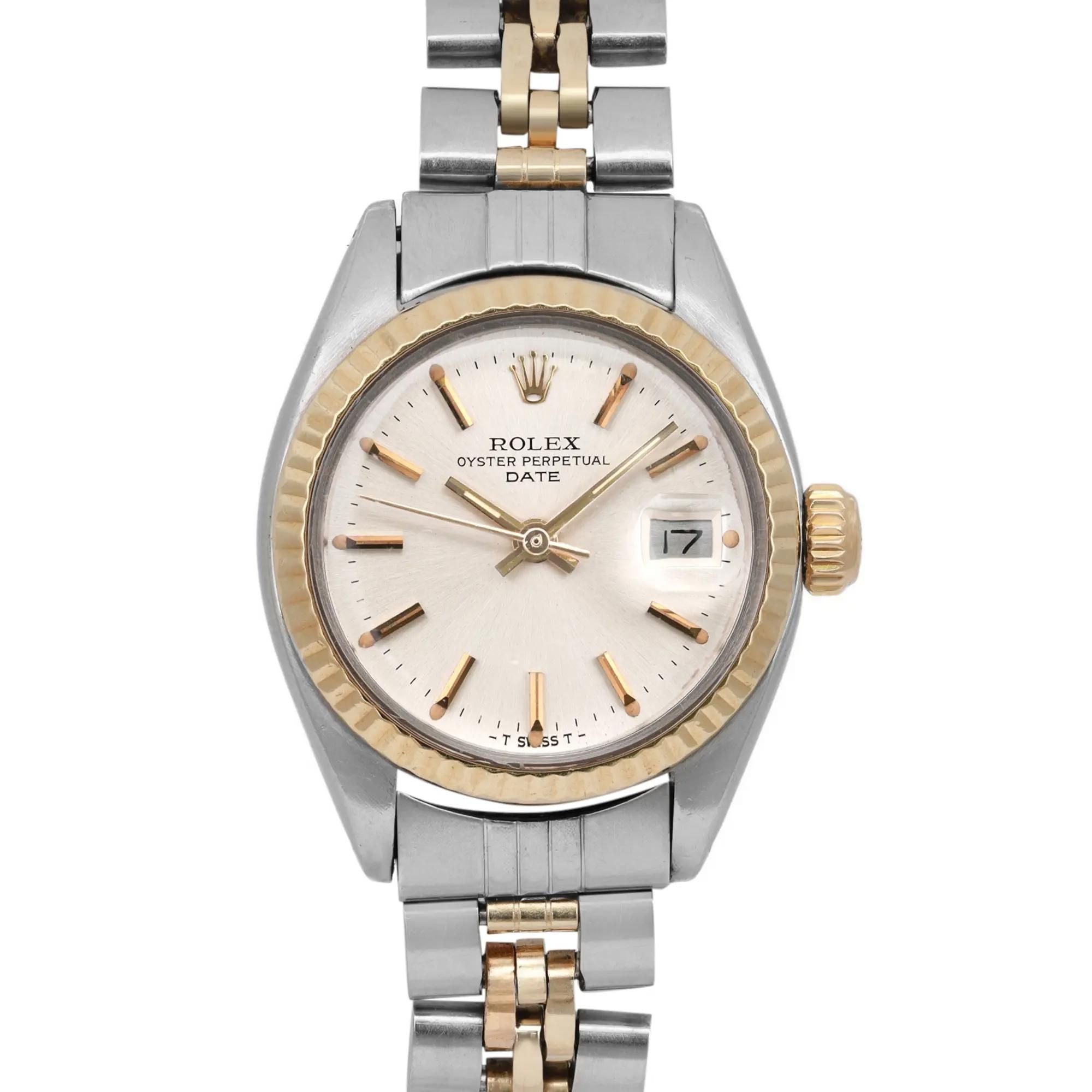 Rolex Date 14K Yellow Gold Steel Silver Dial Automatic Ladies Watch 6917
