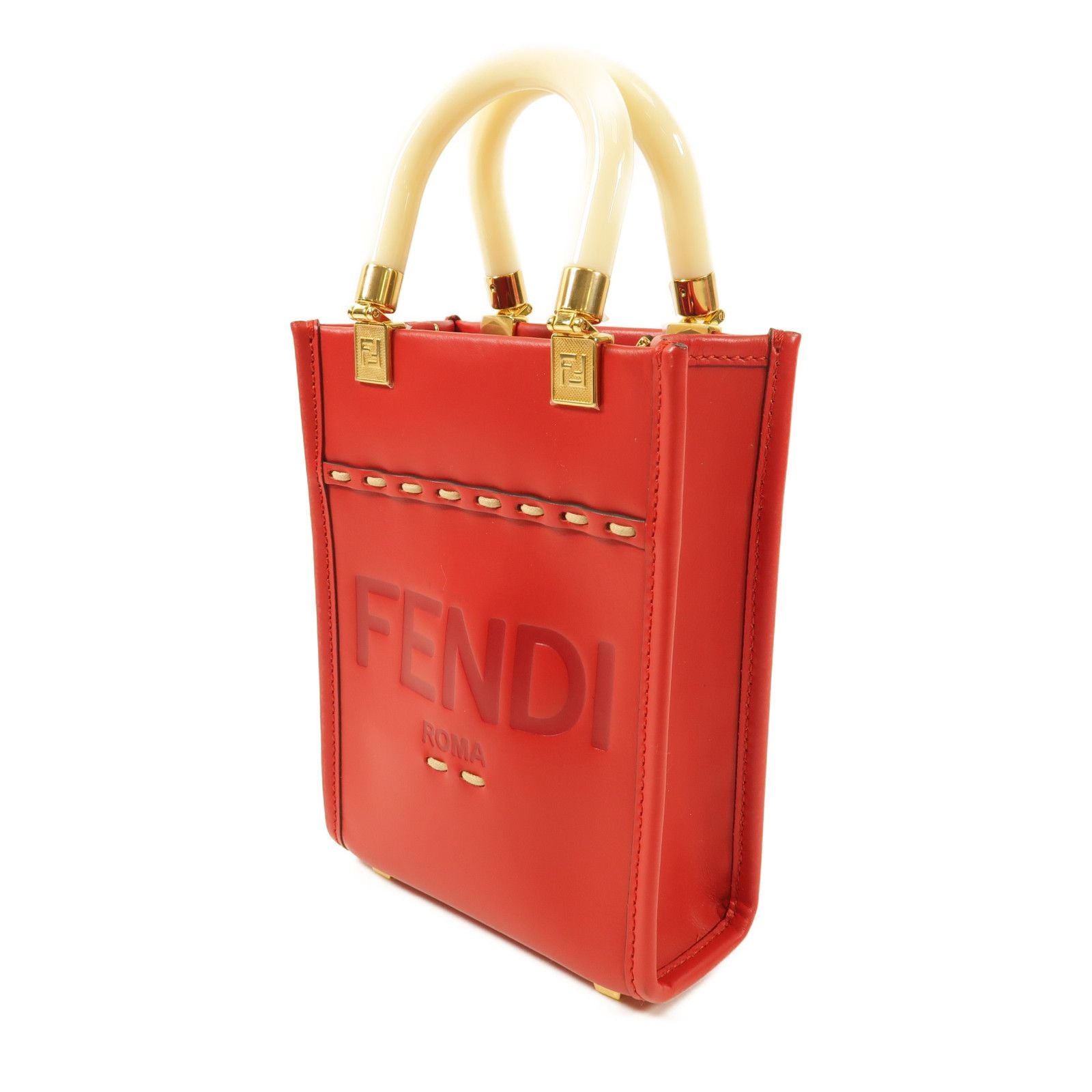 Fendi Cowhide Leather Mini Sunshine Gold Hand-handed Shoulder Bag 2way Shoulder Bag Red Calfskin (cowhide) 8bs 051