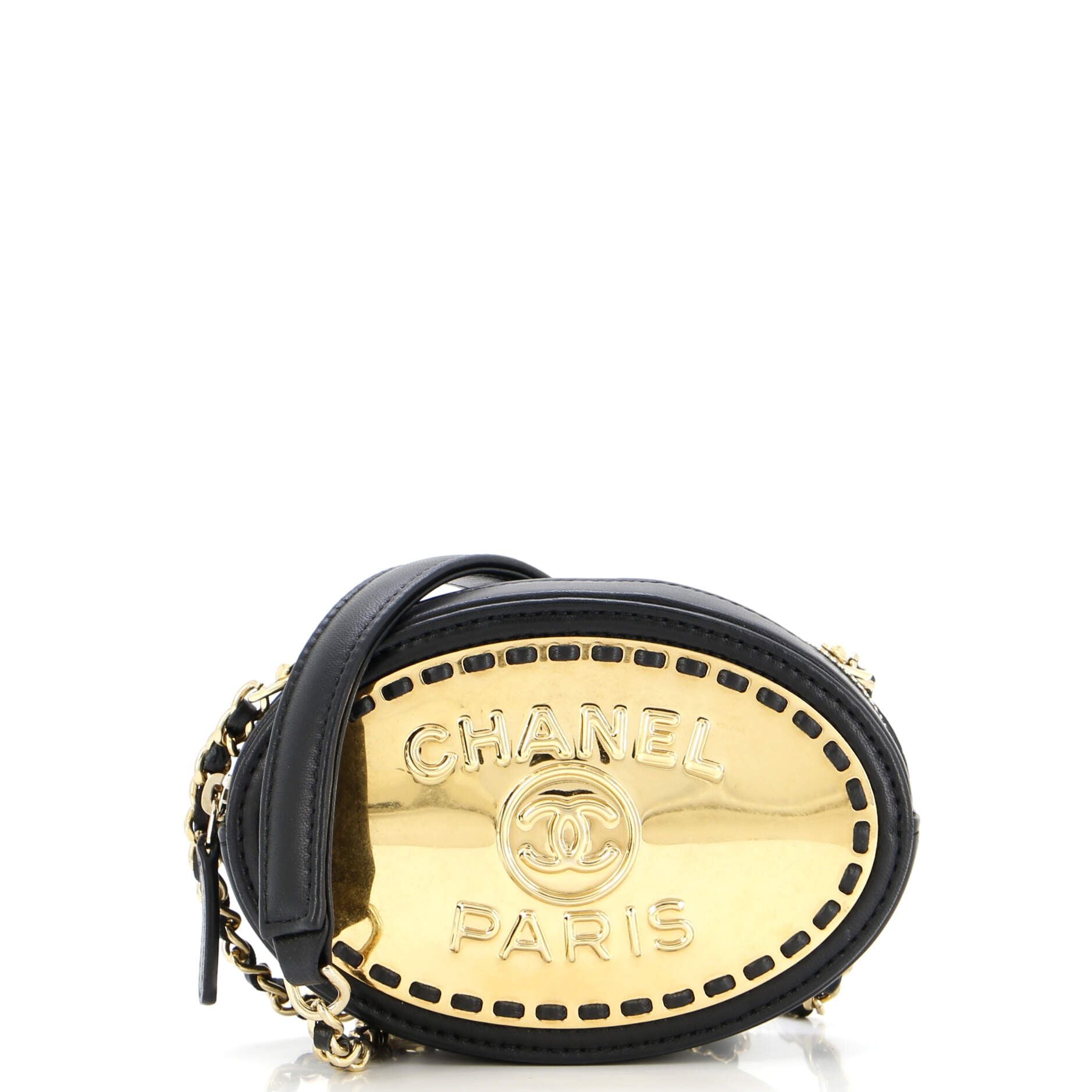 Chanel Logo Plate Oval Clutch With Chain Metal And Lambskin