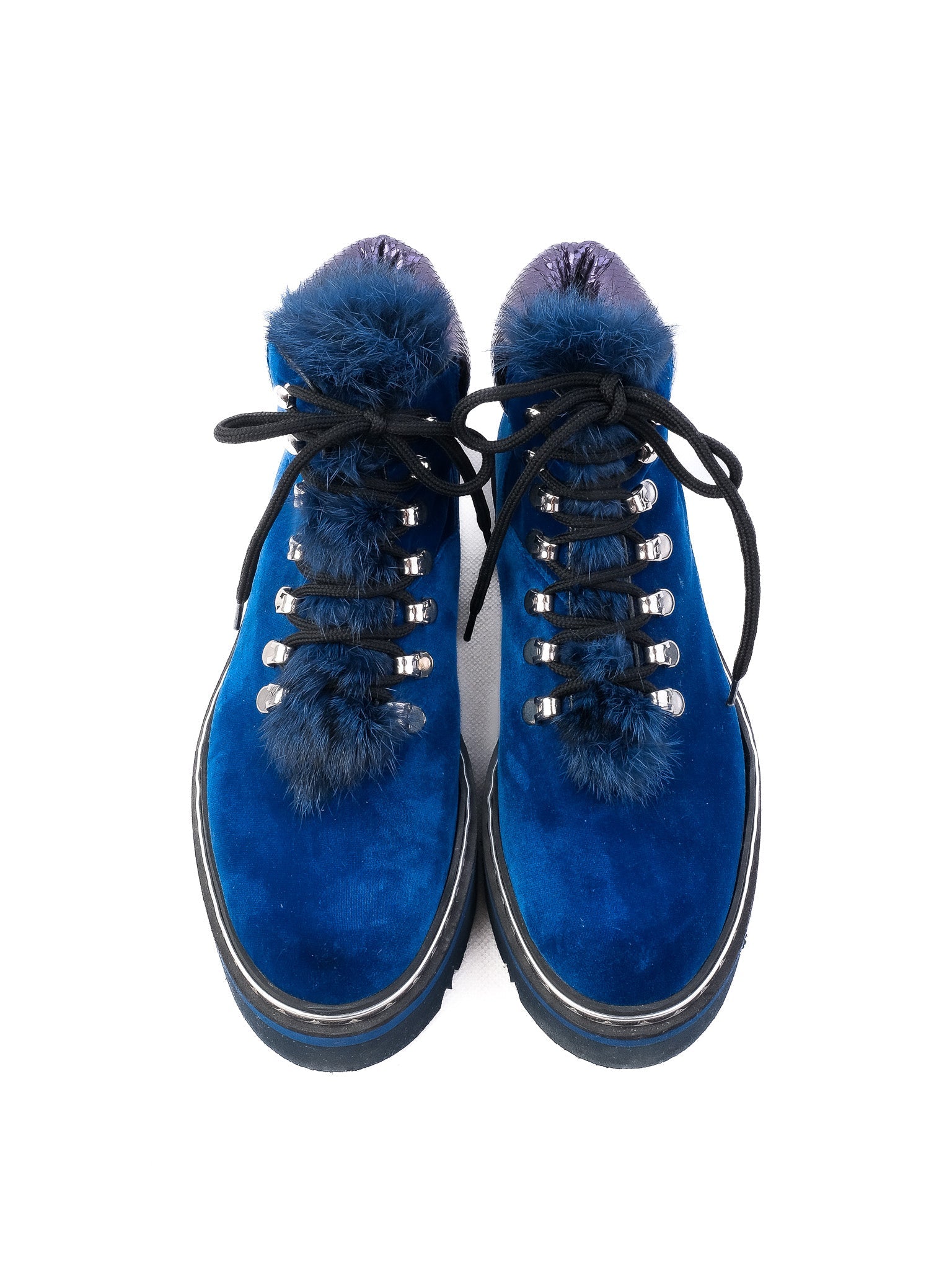 Perfect Pollini Blue Velvet Boots with Fur Trim Size 37