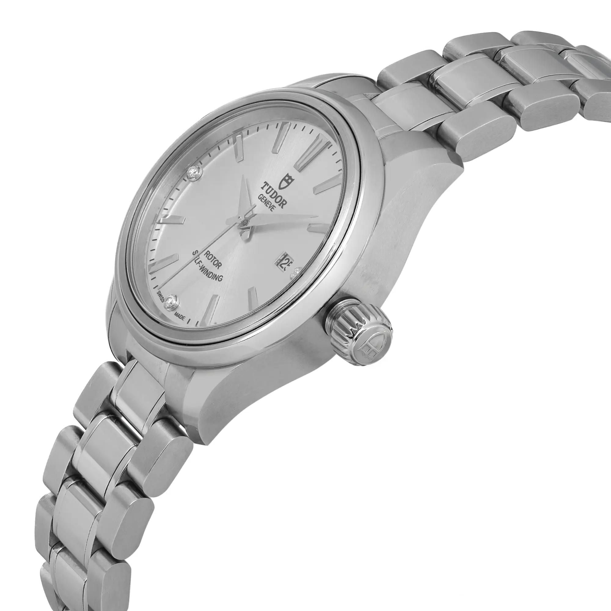 Tudor Style 28mm Stainless Steel Silver Diamond Dial Ladies Watch 12100-0003