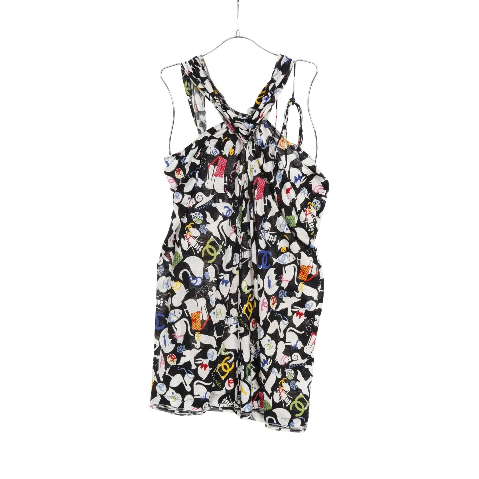 Chanel Black Multicolor Coco Mark Camelia Dress Cotton P 30594