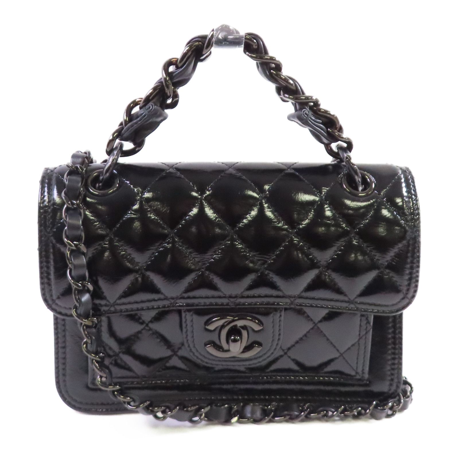 Chanel Black Cowhide Leather Mini Flat Chain Shoulder Bag Hand-handed Shoulder Bag 2way Shoulder Bag Calfskin (cow