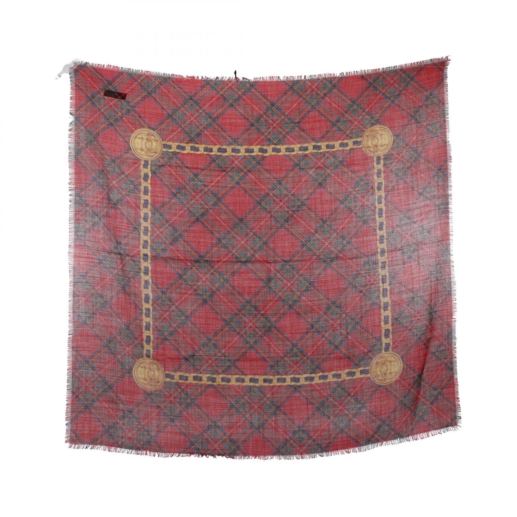 Chanel Red Multicolor Coco Mark Scarf Silk Cashmere