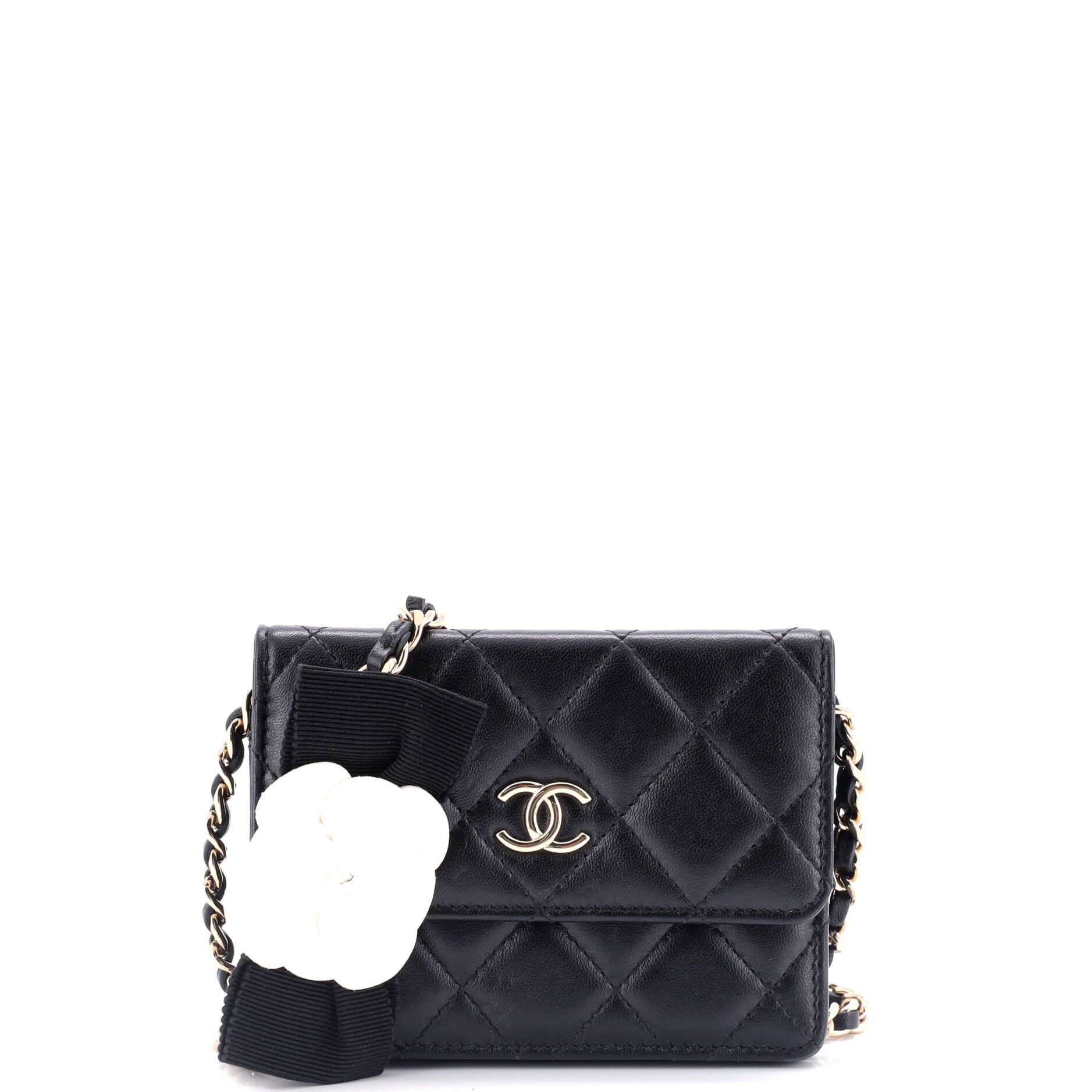 Chanel Camellia Bow Flap Card Holder With Chain Quilted Lambskin
