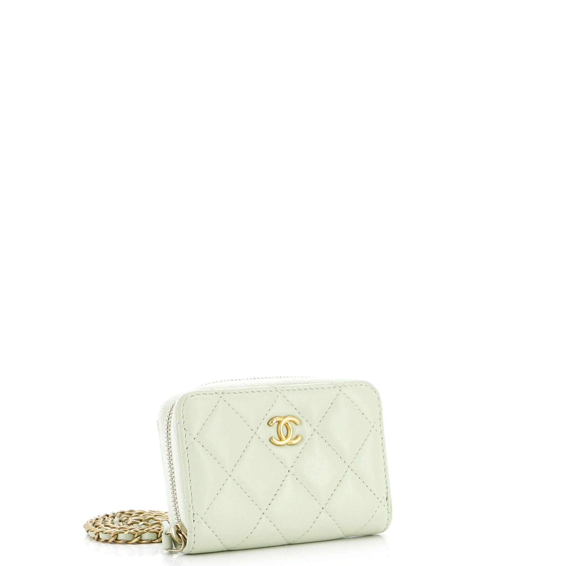 Chanel Pearl Crush Zip Around Card Holder On Chain Quilted Lambskin