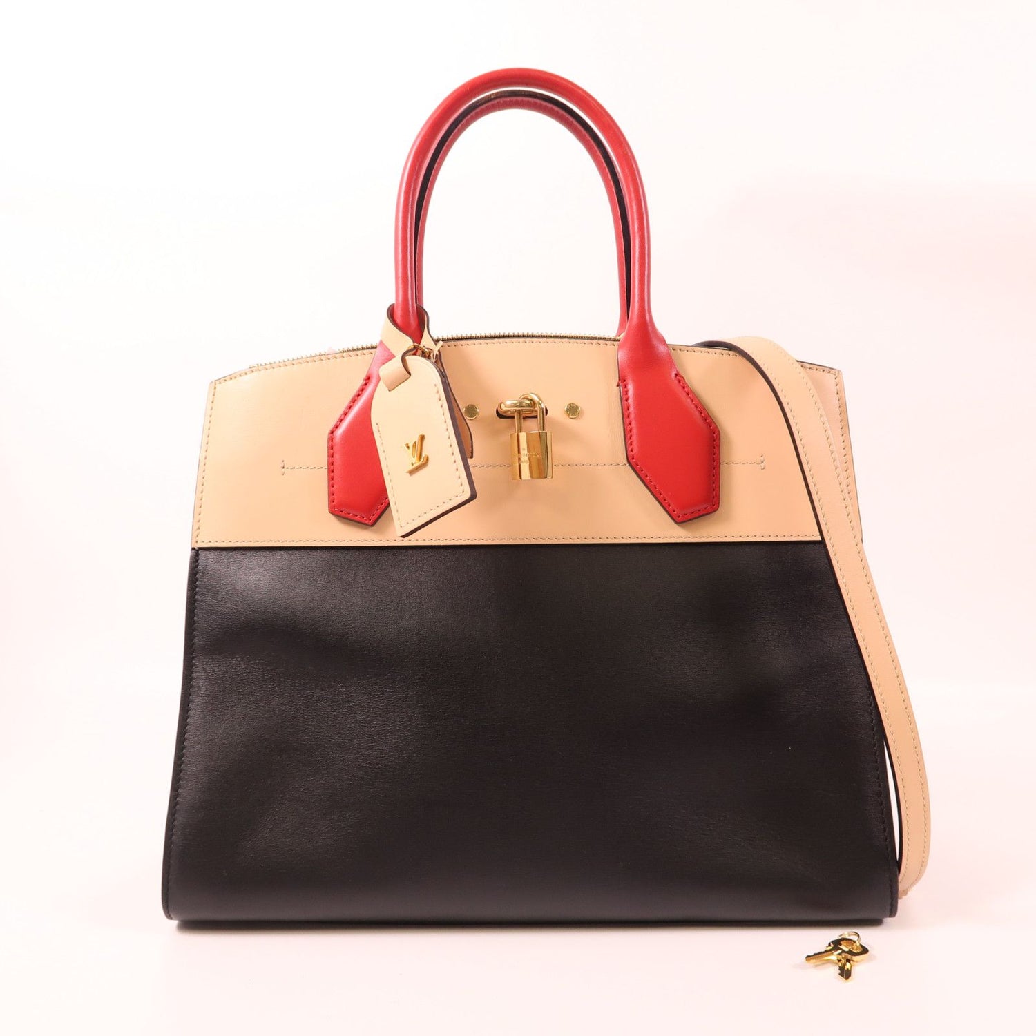 Louis Vuitton Cowhide Leather City Steamer Mm Hand-turn Shoulder Bag Black Beige Red 2way Shoulder Bag M 42190